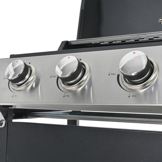 3 Burners BBQ Propane Gas Grill Side Burner & Thermometer, Stainless Steel 25,650 BTU Output Stainless Steel Grill for Patio Garden Barbecue Two Shelves (3-Burners Grill)