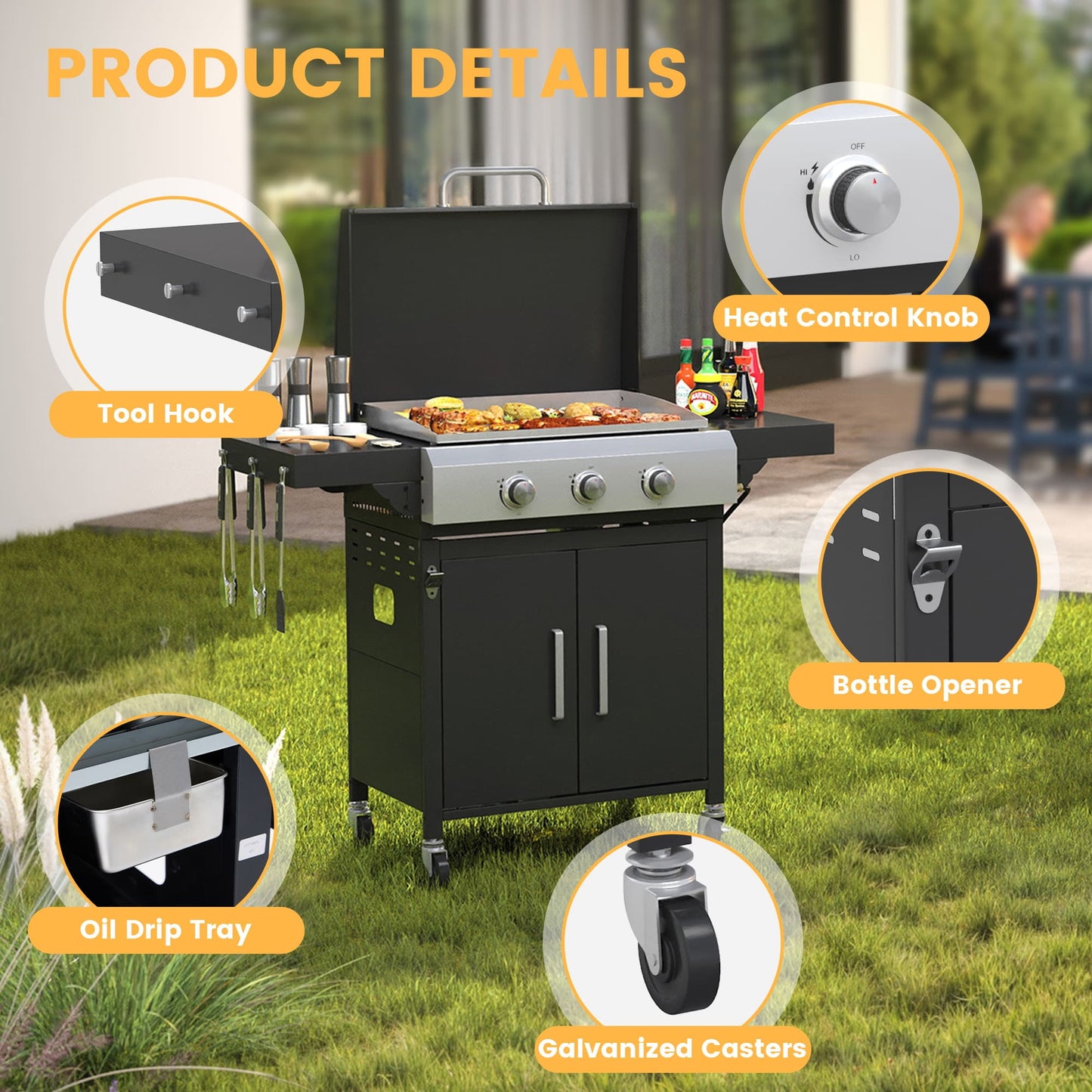 Vicllax 2 in 1 Propane Gas Grill and Griddle Combo 3-Burner with Folding Side Table Stainless Steel
