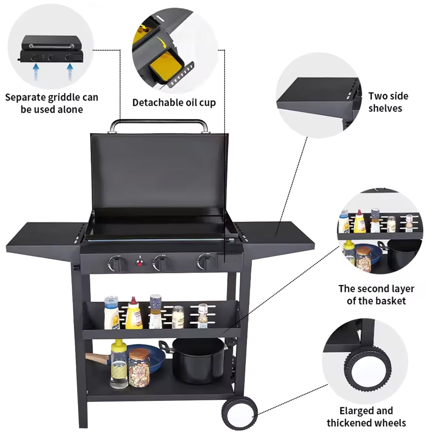 SUGIFT 3-Burner Propane Gas Griddle Outdoor Flat Top Gas Grill Can Be Detached Table Top Griddle, for BBQ, Camping