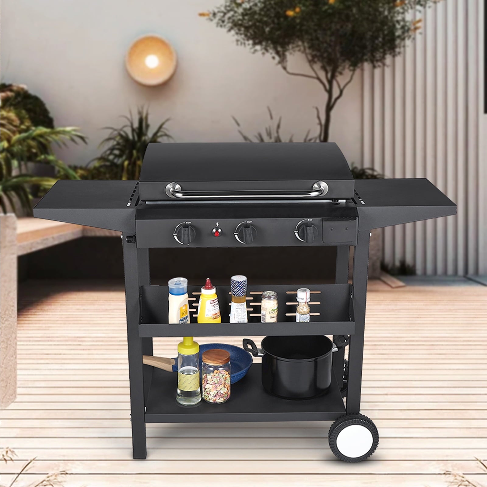 SUGIFT 3-Burner Propane Gas Griddle Outdoor Flat Top Gas Grill Can Be Detached Table Top Griddle, for BBQ, Camping