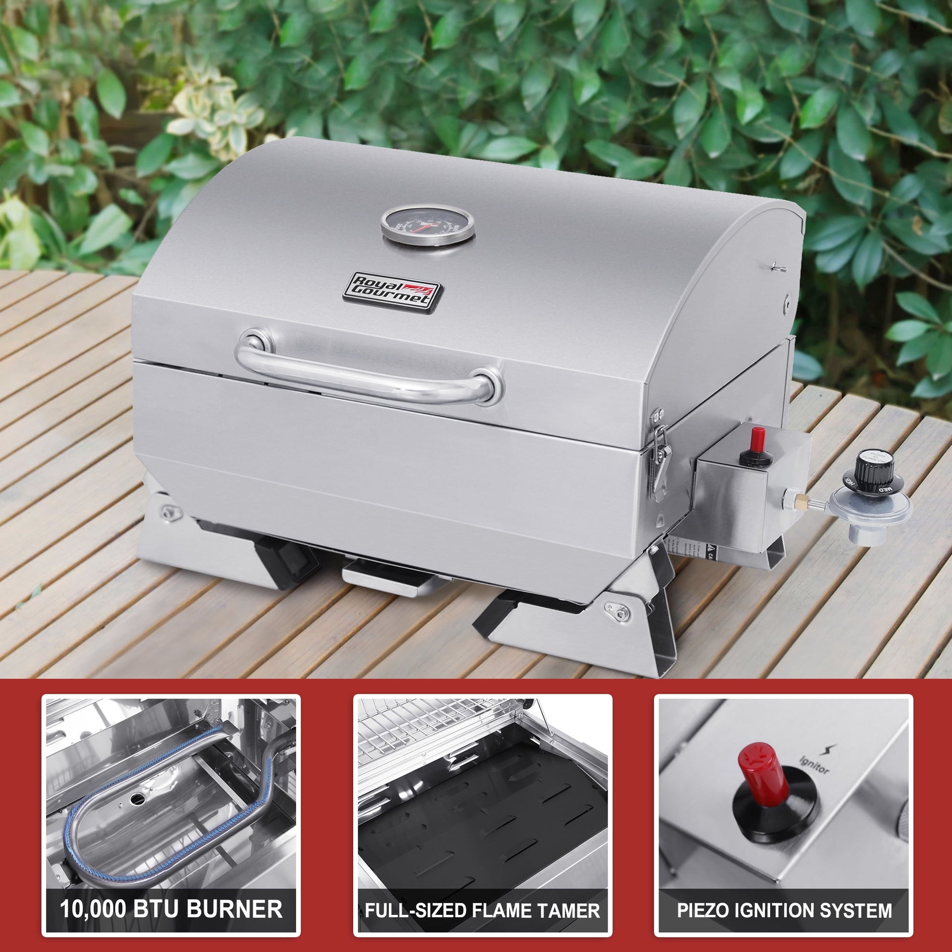 Royal Gourmet GT1001 Stainless Steel Portable Gas Grill, Tabletop Grill with Folding Legs and Lockable Lid, Outdoor Camping, Deck and Tailgating, Silver