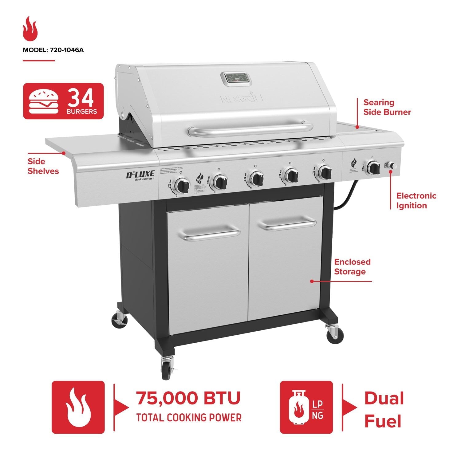 Nexgrill Deluxe 5-Burner Propane BBQ Grill with Side Burner, Stainless Steel Control Panel, Electric Ignition, 60,000 BTUs Output, Gas Grill Perfect for Outdoor Gatherings - 720-1046A