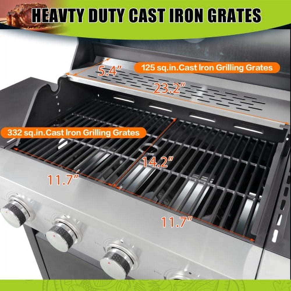 4-Burner Propane Grill with Side Sear Station, 46,700 BTU Stainless Steel BBQ, Cast Iron Grates & Rotisserie Kit for Backyard Cooking, Black and Silver