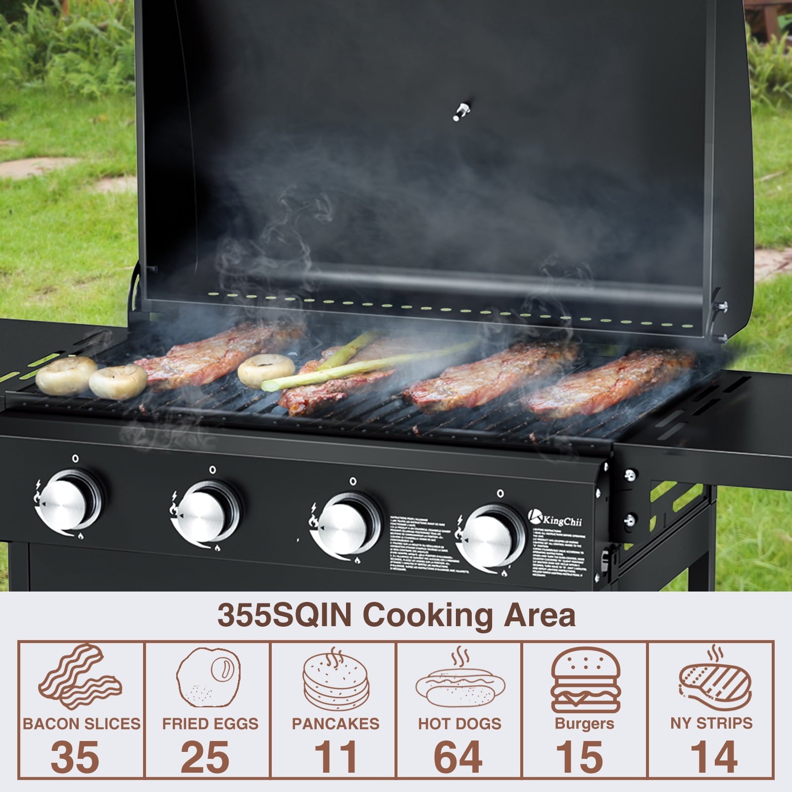 Kingchii 4-Burner Propane Grill, 38,000 BTUs Gas Grill with Foldable Side Tables, Built-in Thermometer for Outdoor Grilling, BBQs and Camping