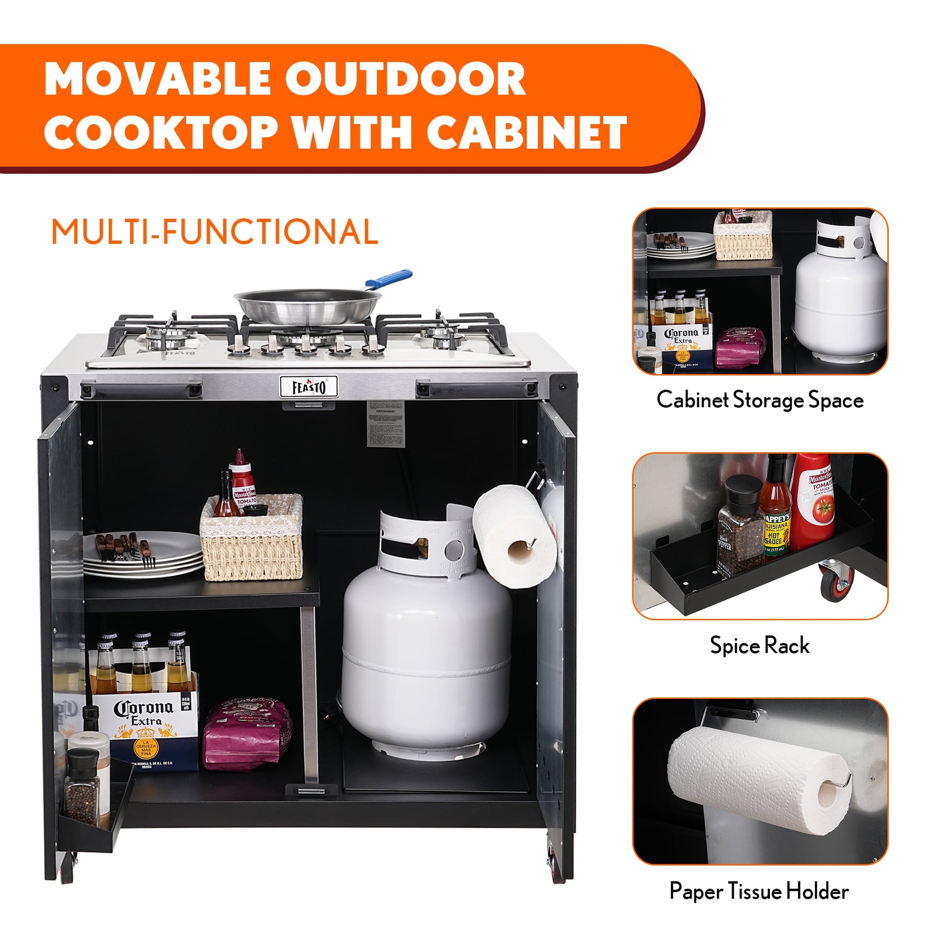 Feasto Gas Grill, Movable Outdoor Gas Stove Stainless Steel Top with Cabinet, 5 Burners with 36,200 BTUs, Outdoor Propane Grill for Outdoor Cooking, Ideal for Lawn & Garden, L35.4” x W24”
