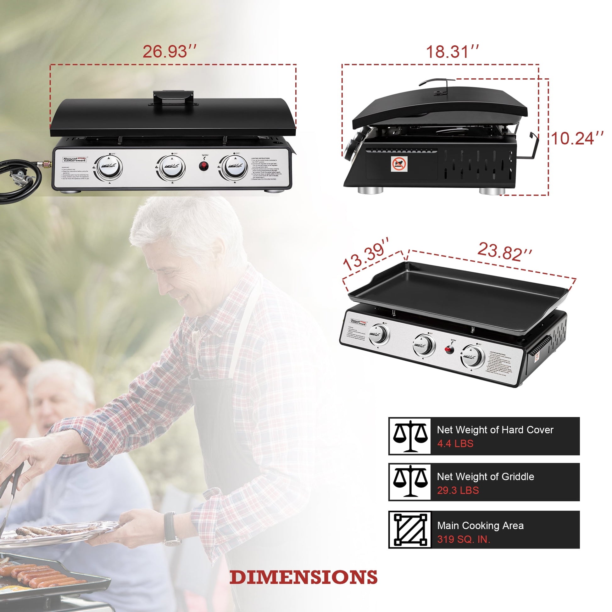 Royal Gourmet PD2301S 24" 3-Burner Portable Gas Griddle with Top Hard Cover