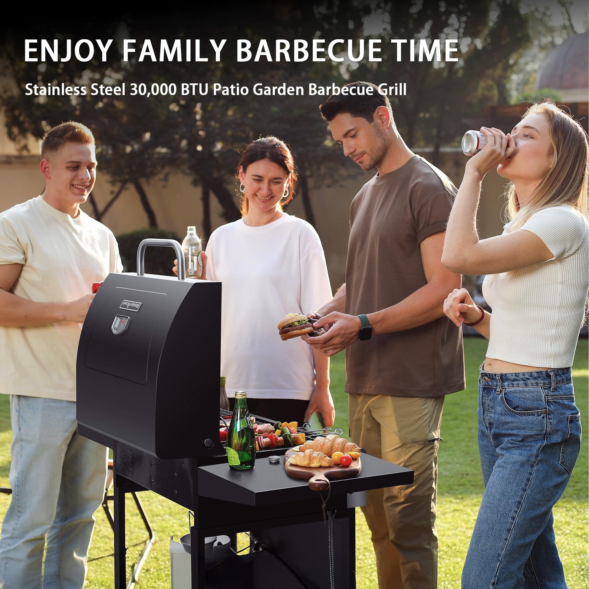 MASTER COOK 3 Burner BBQ Propane Grill, 30,000 BTU Patio Garden Barbecue Gas Grill with Two Foldable Shelves