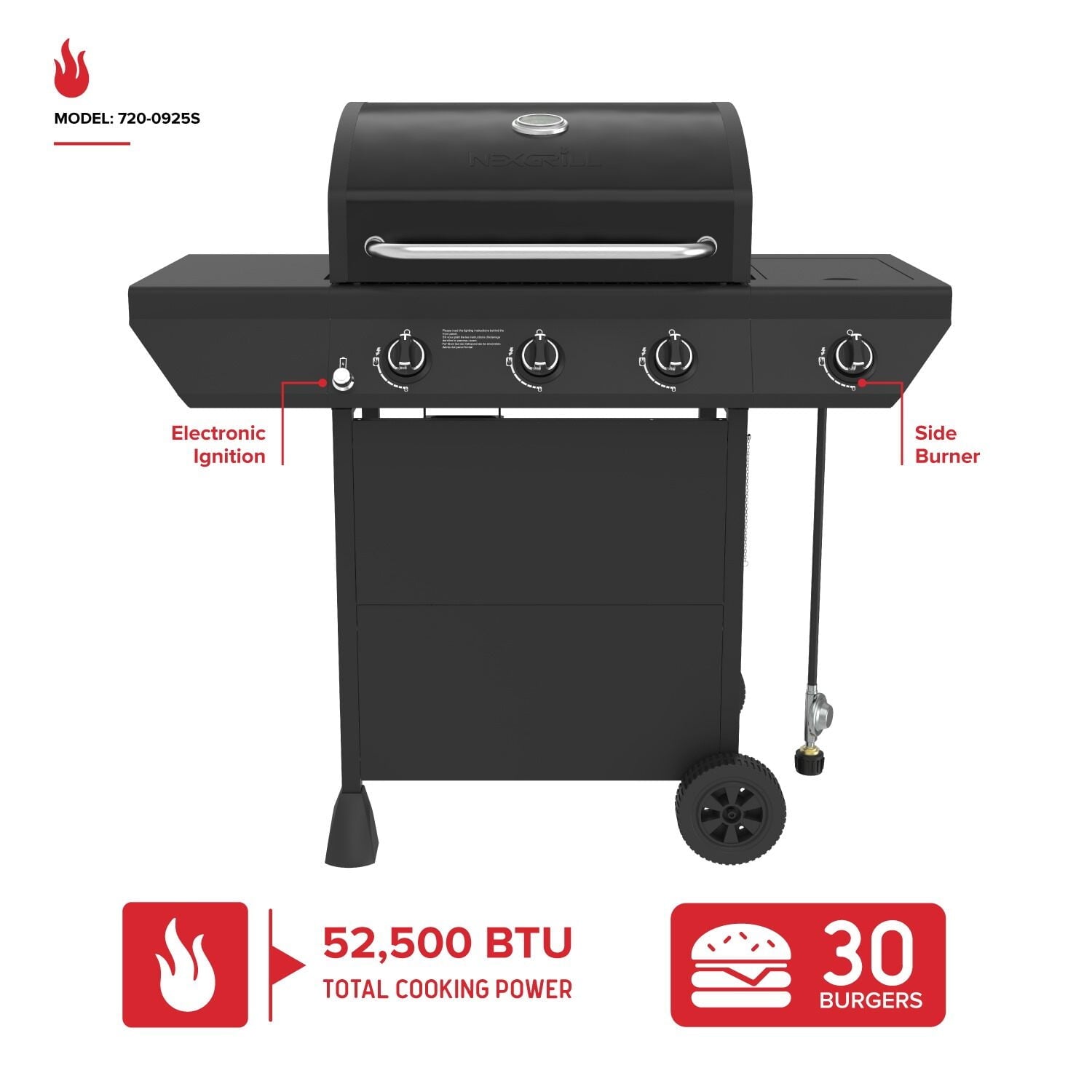 Nexgrill 3-Burner Propane Gas Grill with Side Burner, 52,000BTUs, 418 SQ. In. Cooking Space, BBQ Grill with Durable Steel Lid & Control Panel for Outdoor Cooking, Patios, and More - 720-0925S