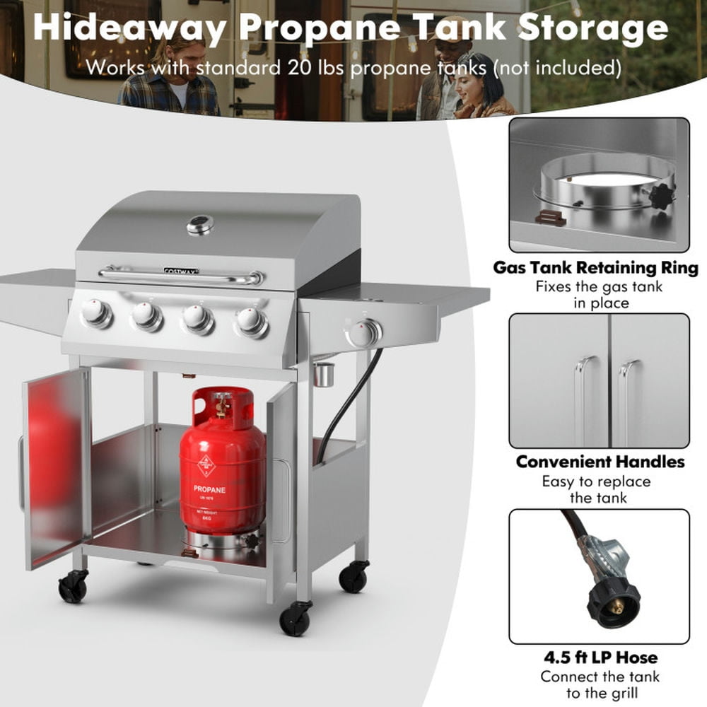 Kepooman Outdoor Grill, Outdoor BBQ Grill,50000BTU 5-Burner Propane Gas Grill with Side Burner and 2 Prep Tables-Silver
