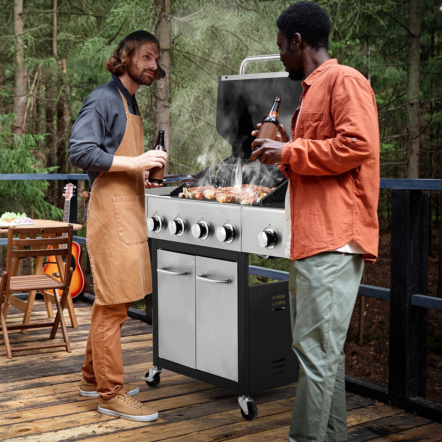 Arlopu 4-Burner Propane Gas Grill with Side Burner Stainless Steel Patio Garden Barbecue Grill for Camping, Outdoor Cooking, BBQ