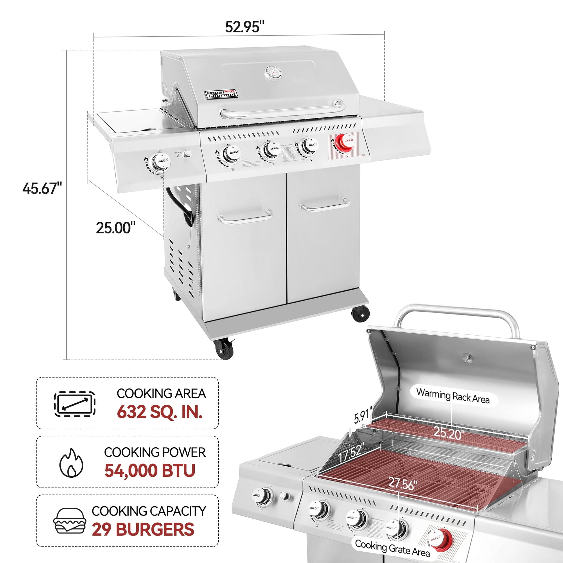 Royal Gourmet GA4402S Stainless Steel 4-Burner BBQ Cabinet Style Gas Grill with Sear Burner and Side Burner Silver