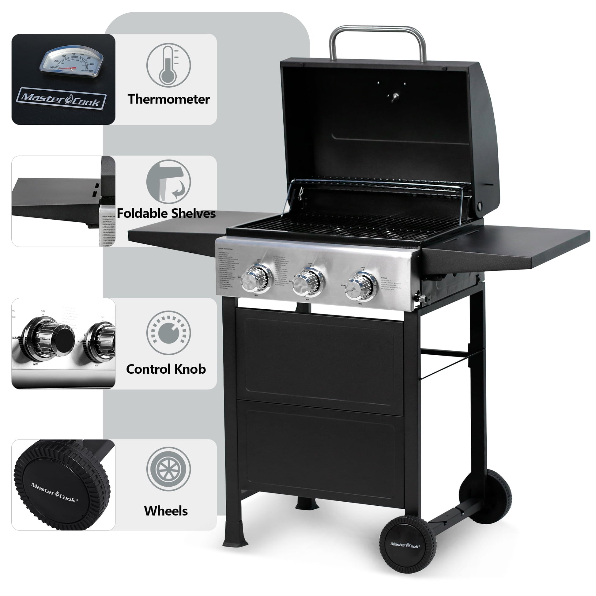 MASTER COOK Propane Gas Grill, 3 Burners Stainless Steel Grill with Foldable Shelves, Black