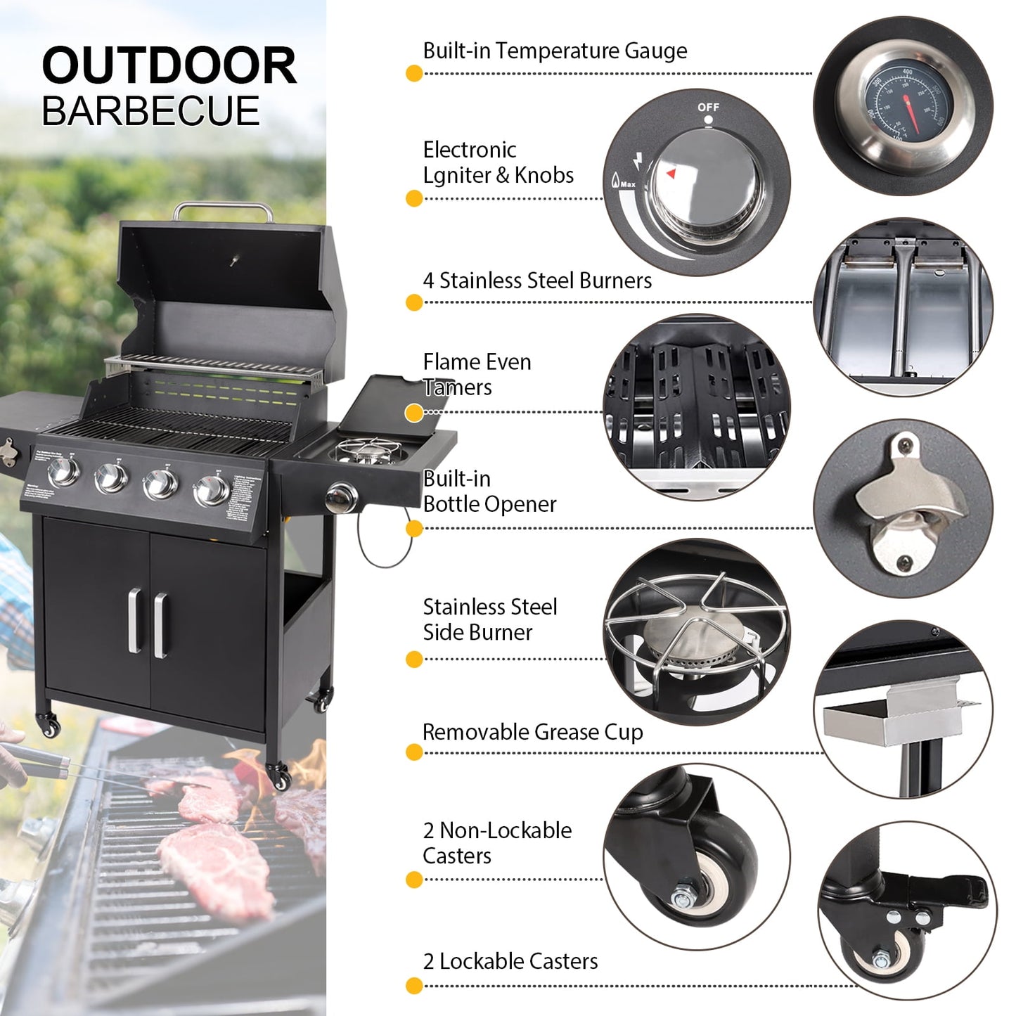 Betisef 4-Burner Propane Gas Grill with Side Burner and Side Table Outdoor Cooking Barbecue Grill Camping