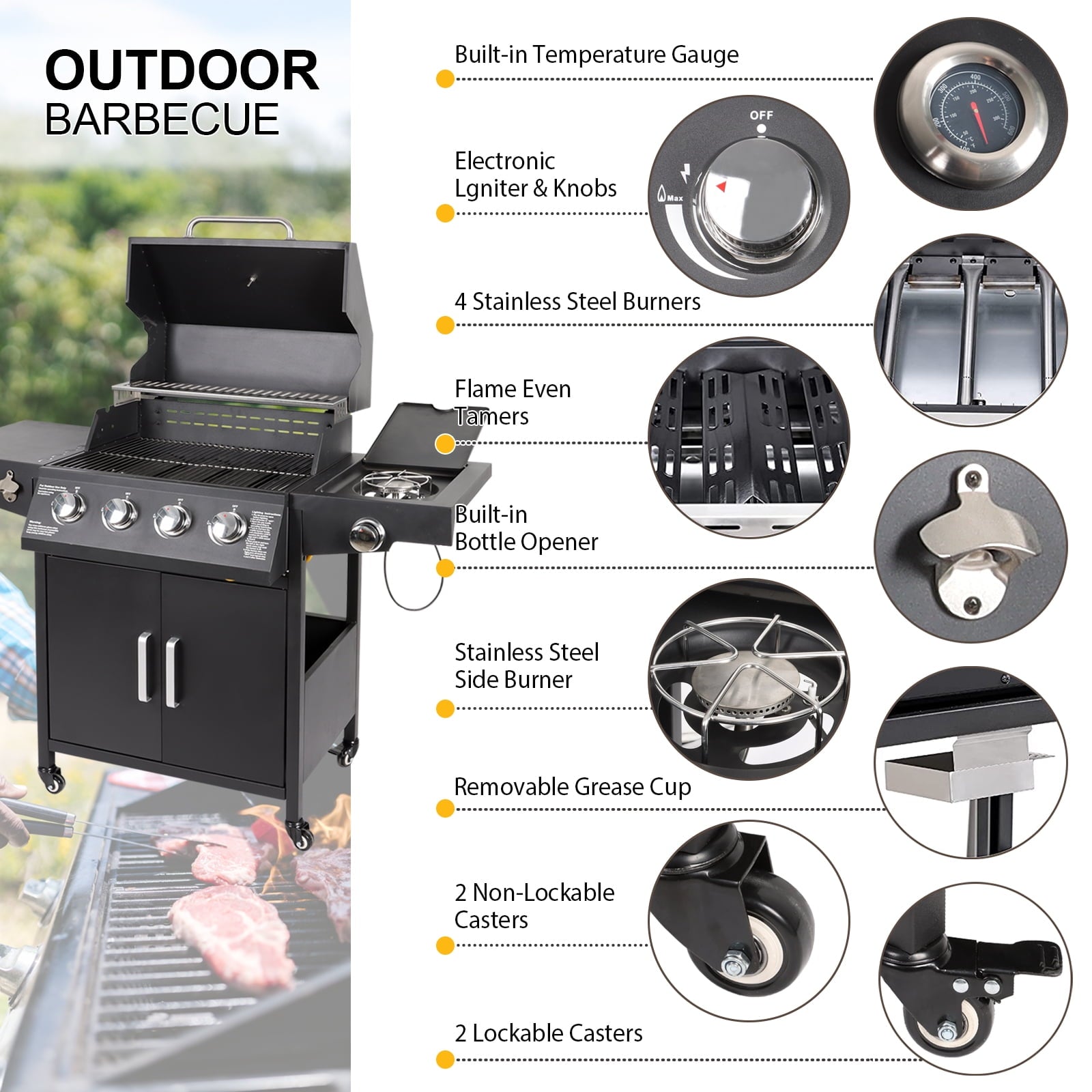 Betisef 4-Burner Propane Gas Grill with Side Burner and Side Table Outdoor Cooking Barbecue Grill Camping