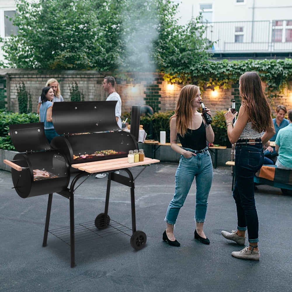 Outdoor Gas Grill, Modern Multi-Function Charcoal Barbecue Pit with Seasoning Rack and Plastic Wheels, Meat BBQ Cooker for Patio, Backyard, Garden, Camping, Party, Black