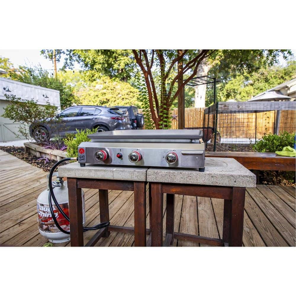 Portable Propane Grill in Stainless Steel 26 in. with Auto Ignition and Pre Season Griddle