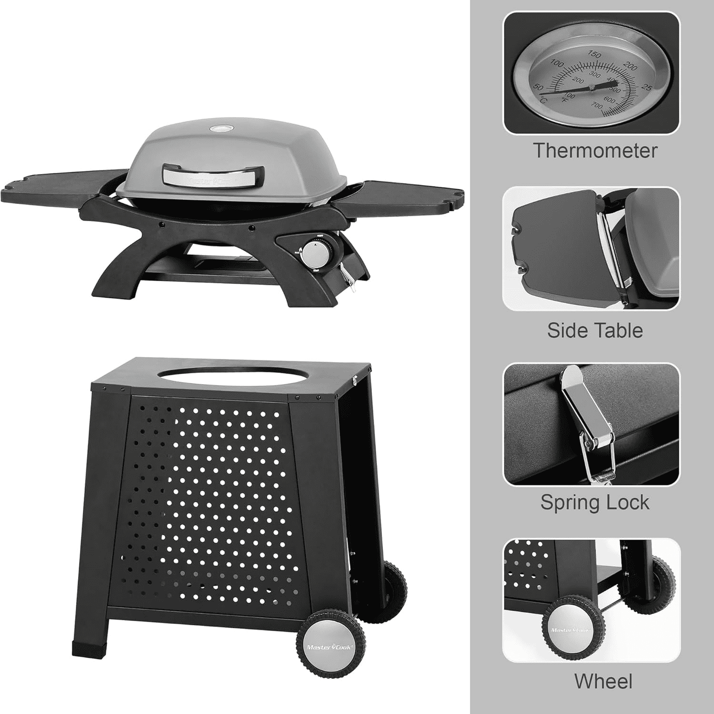 MASTER COOK Gas Grill, Portable Tabletop Propane BBQ Grill with Cart for Patio, Camping, Travel