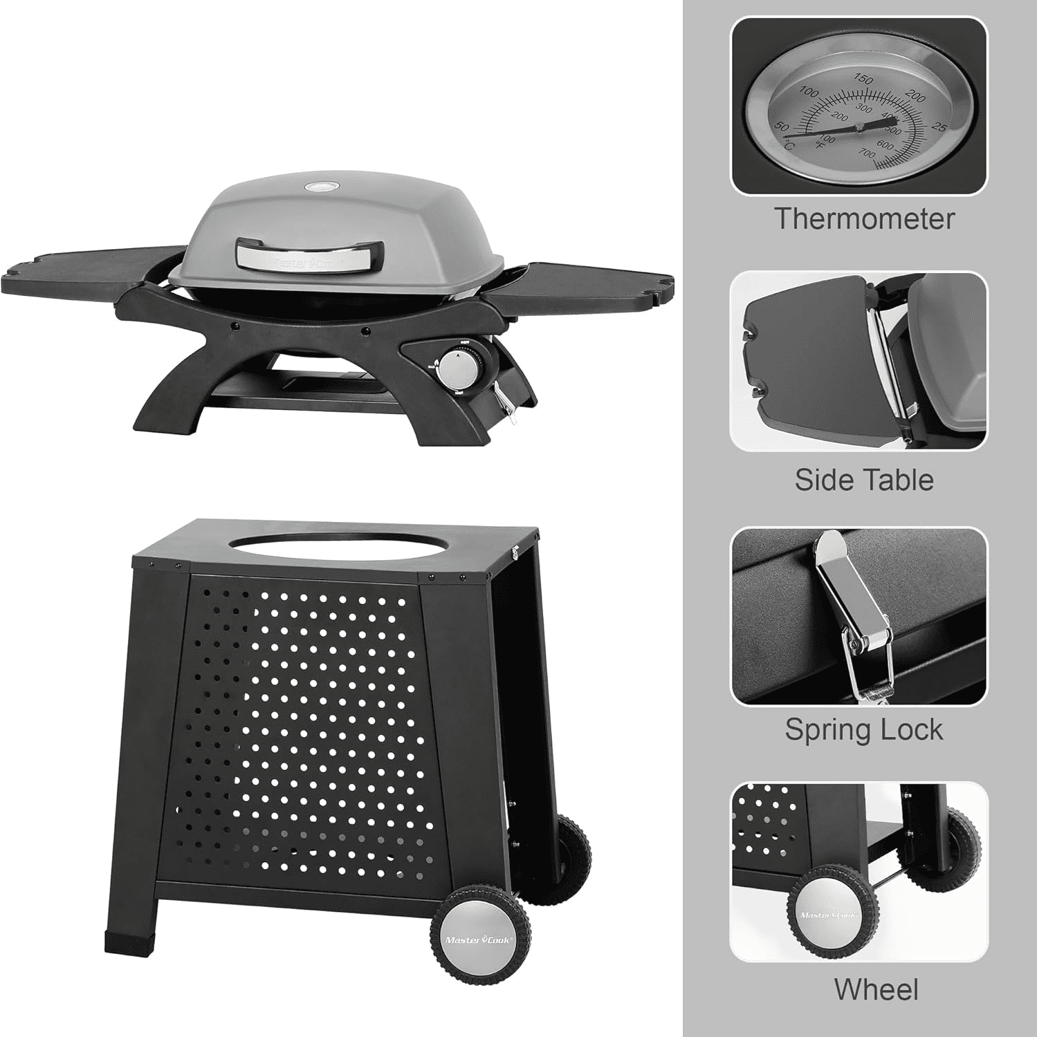 MASTER COOK Gas Grill, Portable Tabletop Propane BBQ Grill with Cart for Patio, Camping, Travel