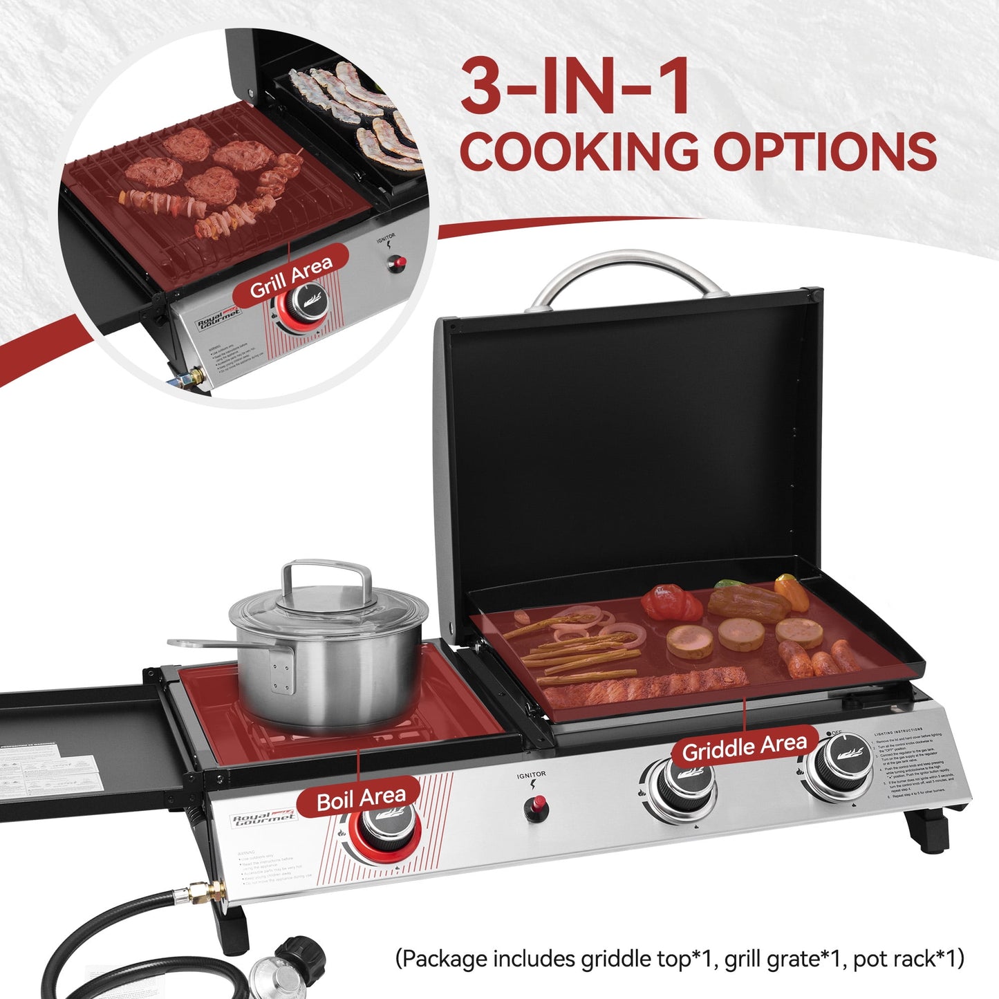 Royal Gourmet 3-Burner Portable Gas Griddle with Side Burner, PD1305H