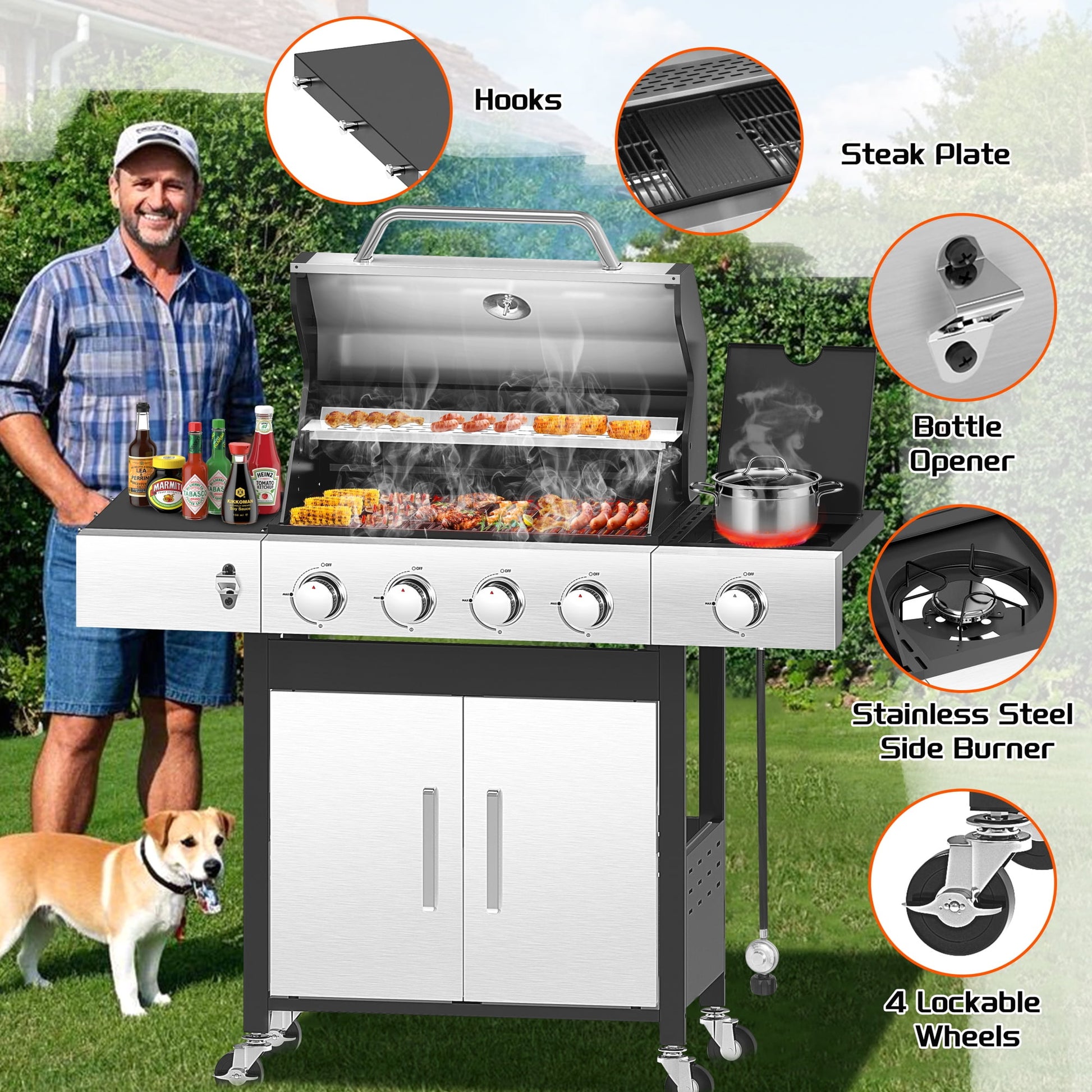 SHINPT Propane Gas Grill,  46790 BTU Heavy Duty Grill with Side Burner and Built-in Thermometer, Stainless Steel BBQ Grill with 440 Warming Area