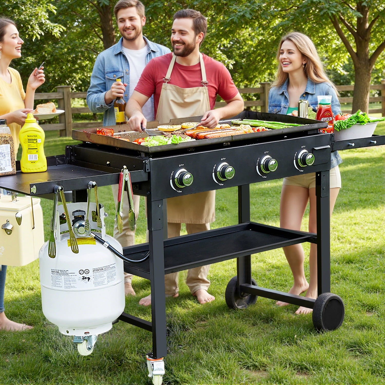 SUGIFT 36" 4-Burner Propane Gas Griddle, 60,000 BTU Flat Top Grill with Side Shelf for Outdoor BBQ & Camping