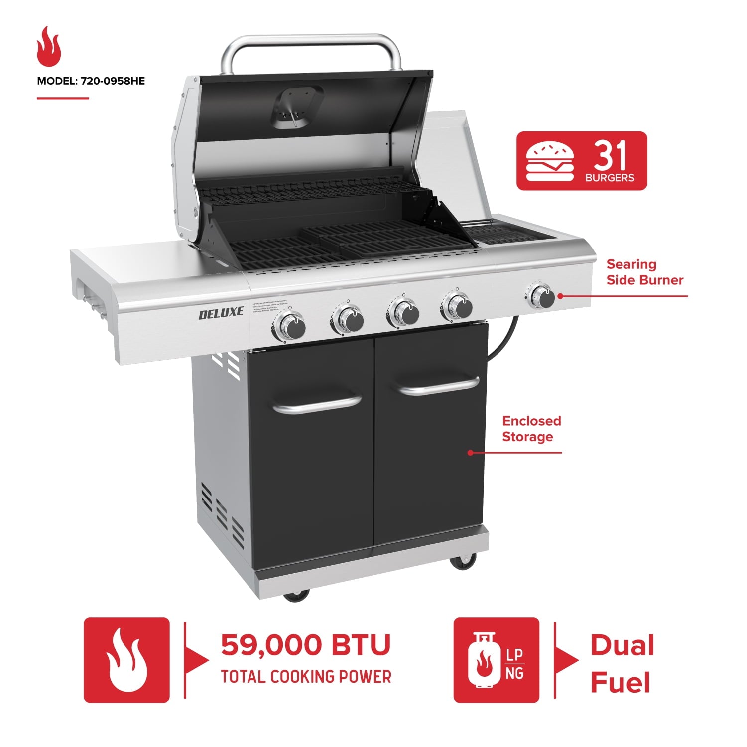 Nexgrill 4-Burner Dual Fuel Gas Grill with Side Burner and Griddle Insert, 627 SQ In Total Cooking Space, 59,000 BTUs Output, BBQ Grill Perfect for Outdoor Gatherings - 720-0958HE