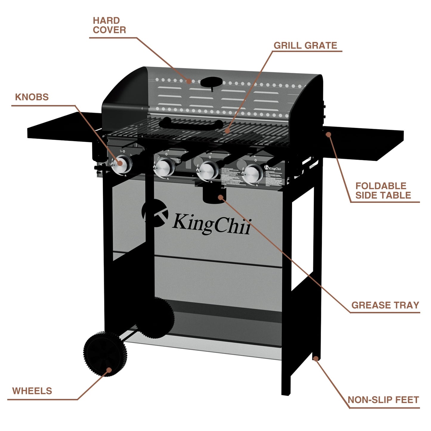 Kingchii 4-Burner Propane Grill, 38,000 BTUs Gas Grill with Foldable Side Tables, Built-in Thermometer for Outdoor Grilling, BBQs and Camping