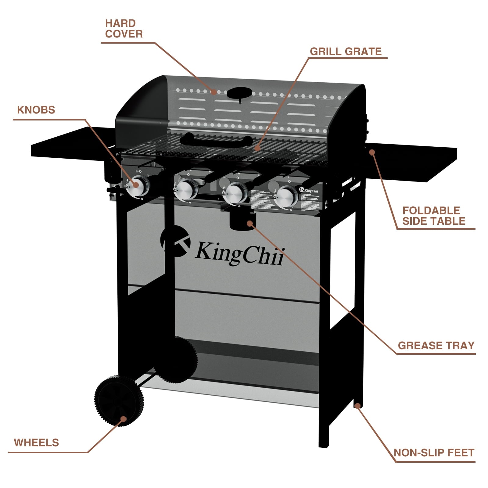 Kingchii 4-Burner Propane Grill, 38,000 BTUs Gas Grill with Foldable Side Tables, Built-in Thermometer for Outdoor Grilling, BBQs and Camping