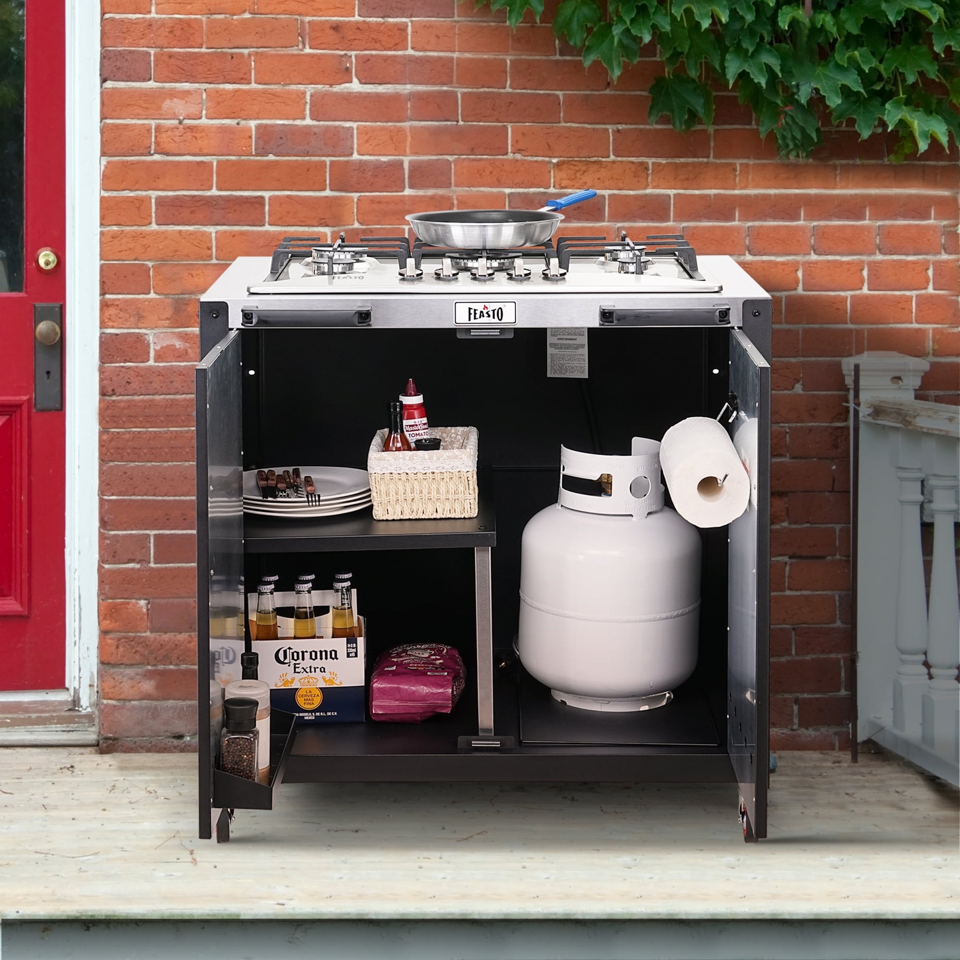 Feasto Gas Grill, Movable Outdoor Gas Stove Stainless Steel Top with Cabinet, 5 Burners with 36,200 BTUs, Outdoor Propane Grill for Outdoor Cooking, Ideal for Lawn & Garden, L35.4” x W24”