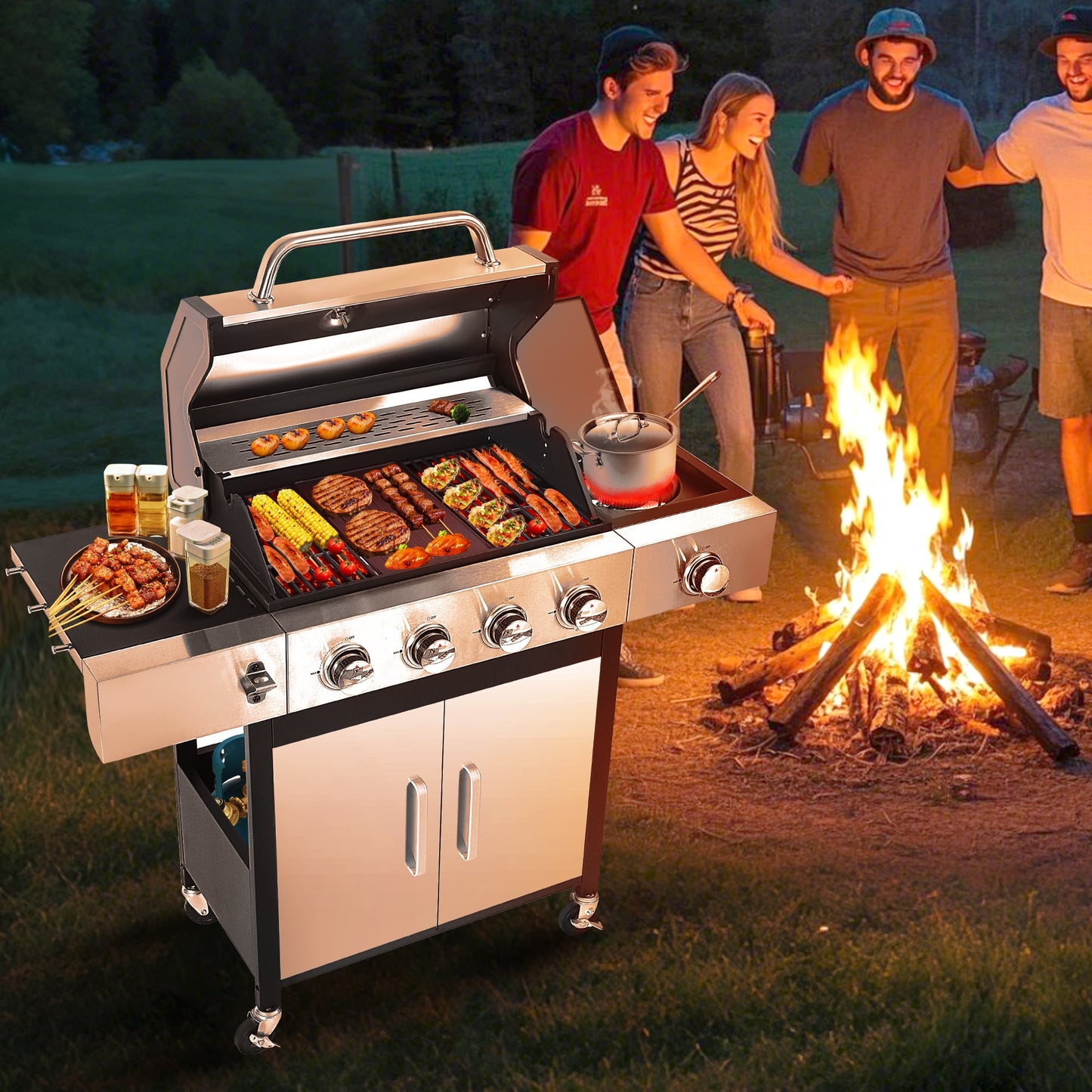 SHINPT Propane Gas Grill,  46790 BTU Heavy Duty Grill with Side Burner and Built-in Thermometer, Stainless Steel BBQ Grill with 440 Warming Area