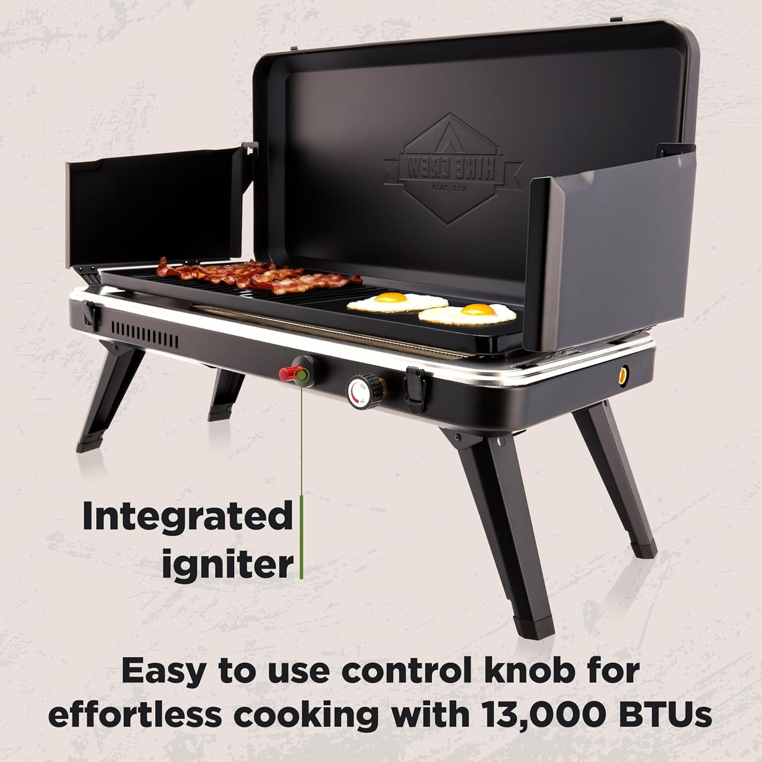 Hike Crew Gas Camping Grill & Griddle - 13,000 BTU Portable Propane Grill with Integrated Igniter & More!