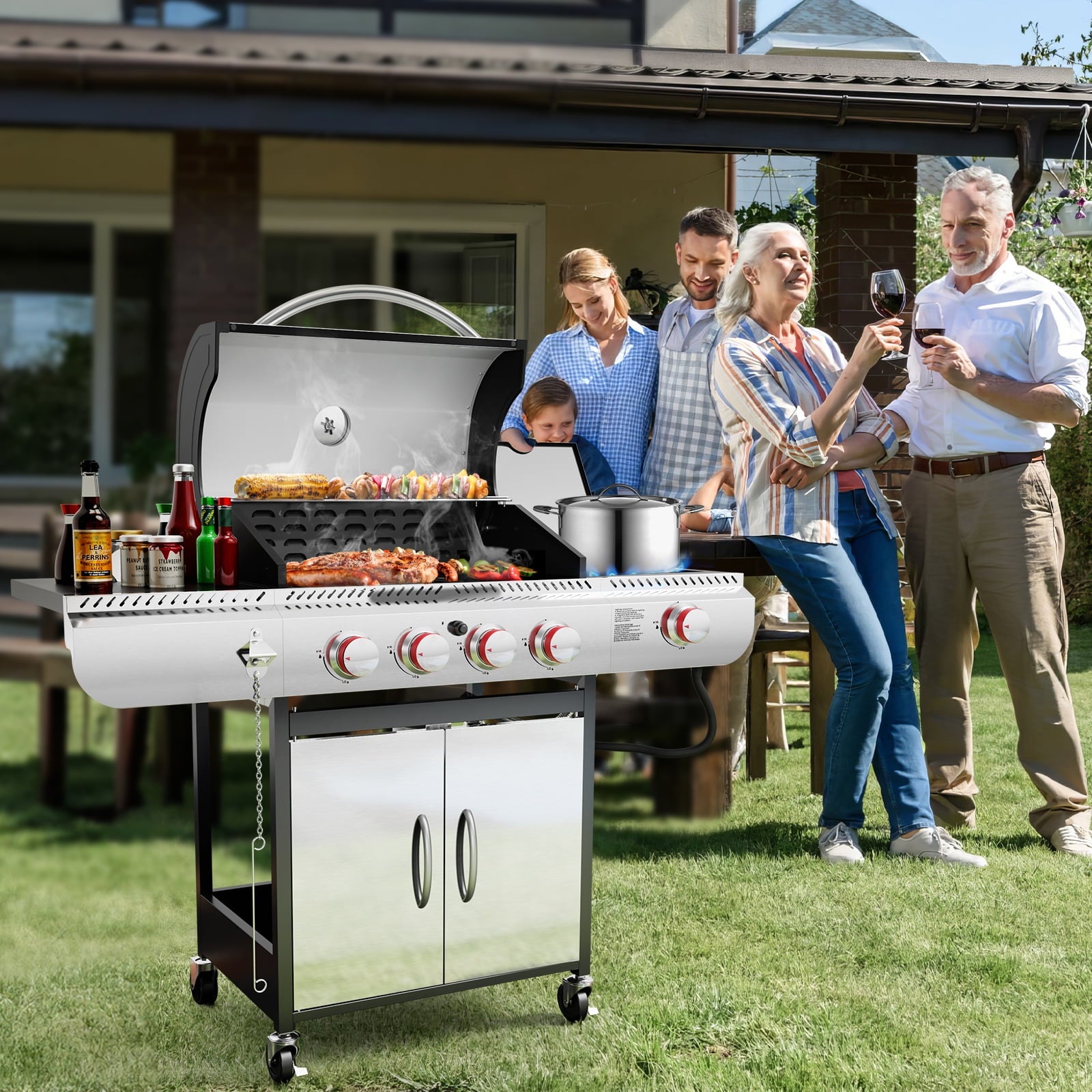 4-Burner Propane Gas Grill with Side Burner, Portable Stainless Steel BBQ Outdoor Cooker, 42,000 BTU, Electactic