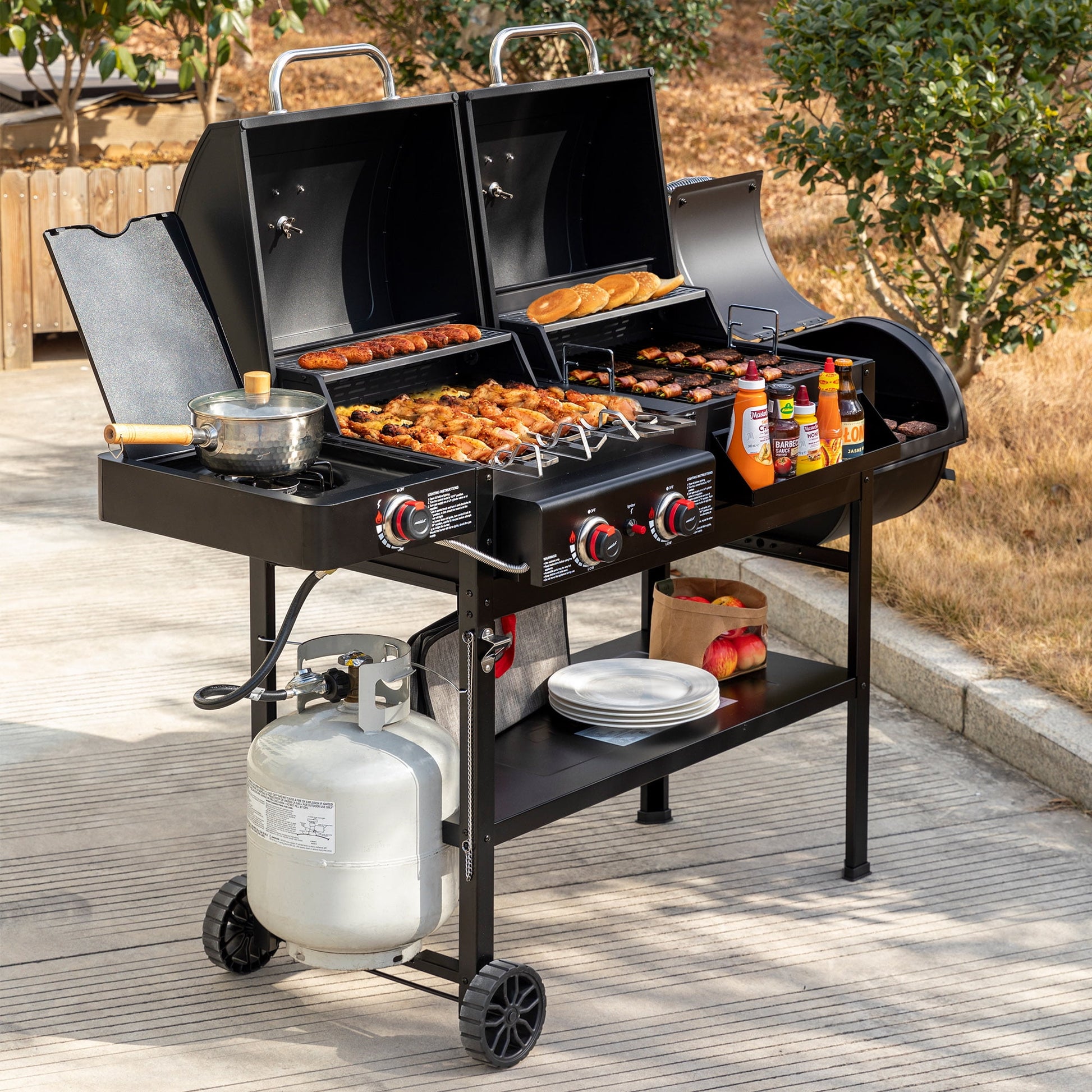 Royal Gourmet ZH3005Y 2-Burner Gas and Charcoal Combo Grill with Offset Smoker & Side Burner