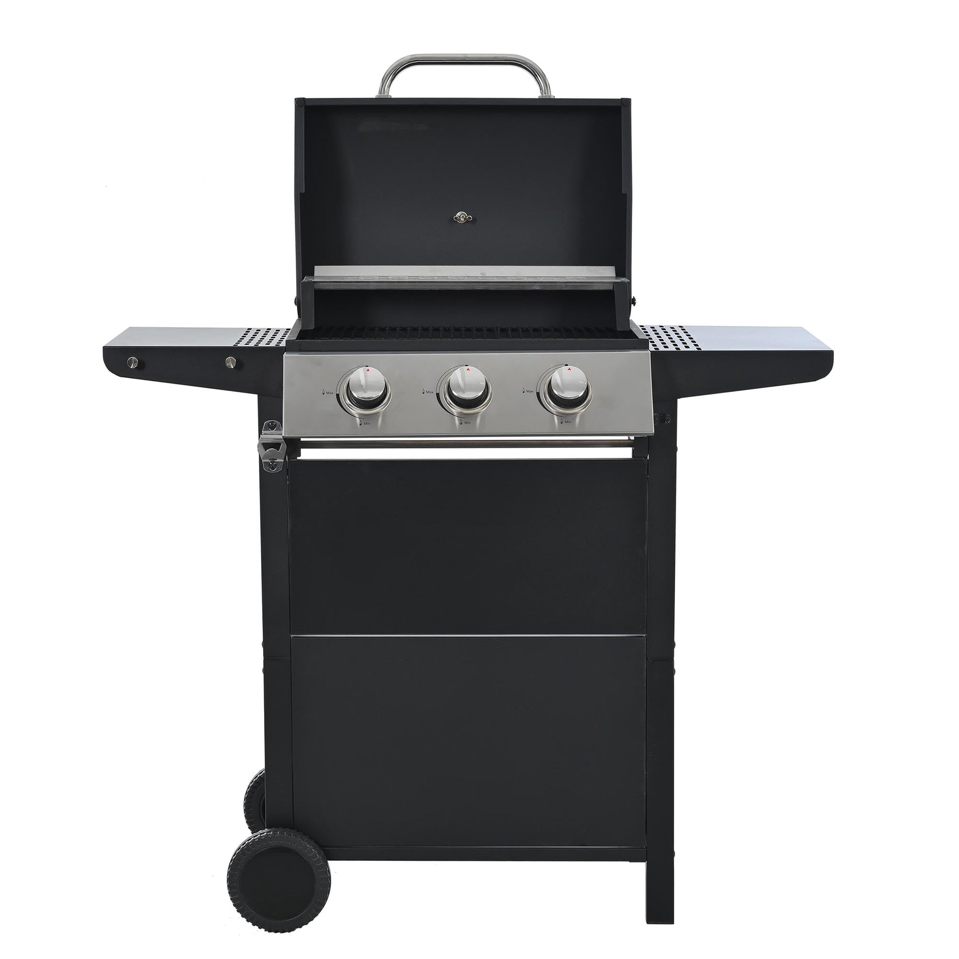 3 Burners BBQ Propane Gas Grill Side Burner & Thermometer, Stainless Steel 25,650 BTU Output Stainless Steel Grill for Patio Garden Barbecue Two Shelves (3-Burners Grill)