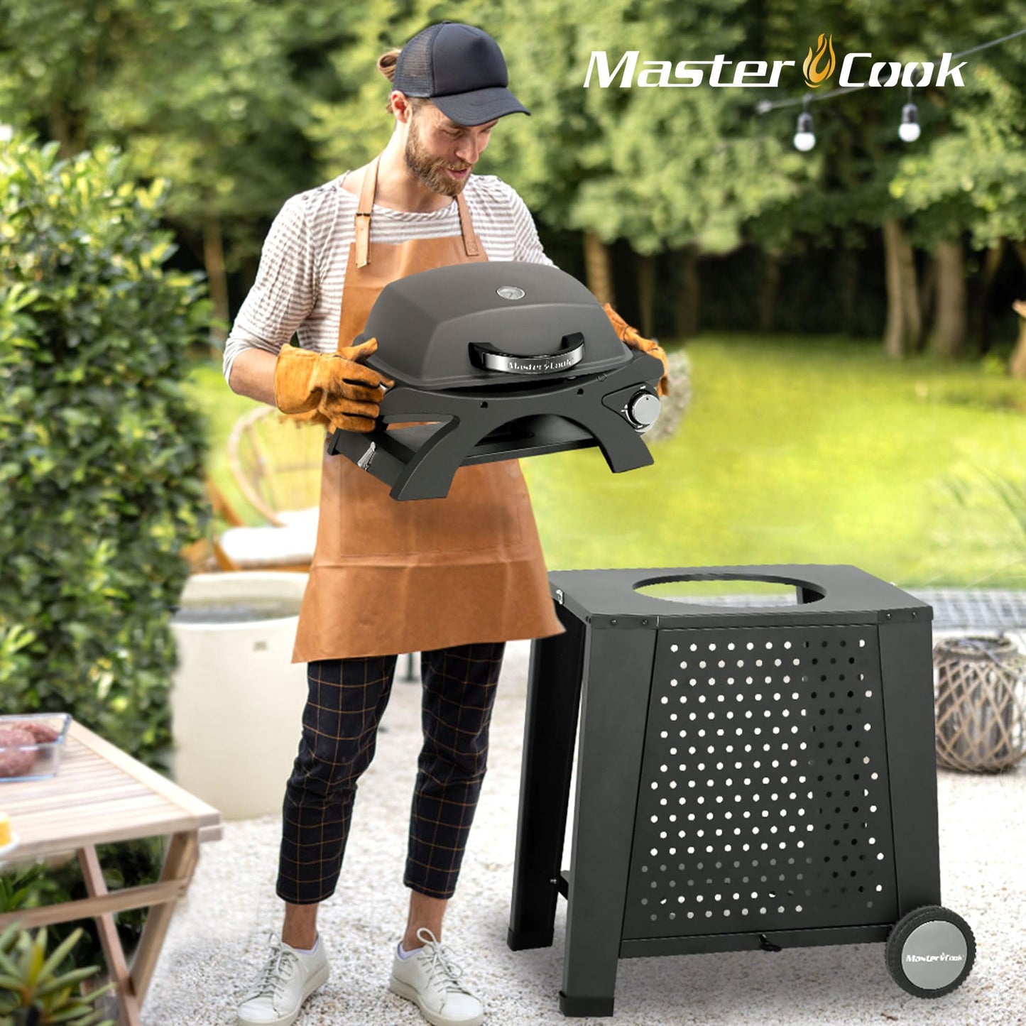 MASTER COOK Gas Grill, Portable Tabletop Propane BBQ Grill with Cart for Patio, Camping, Travel