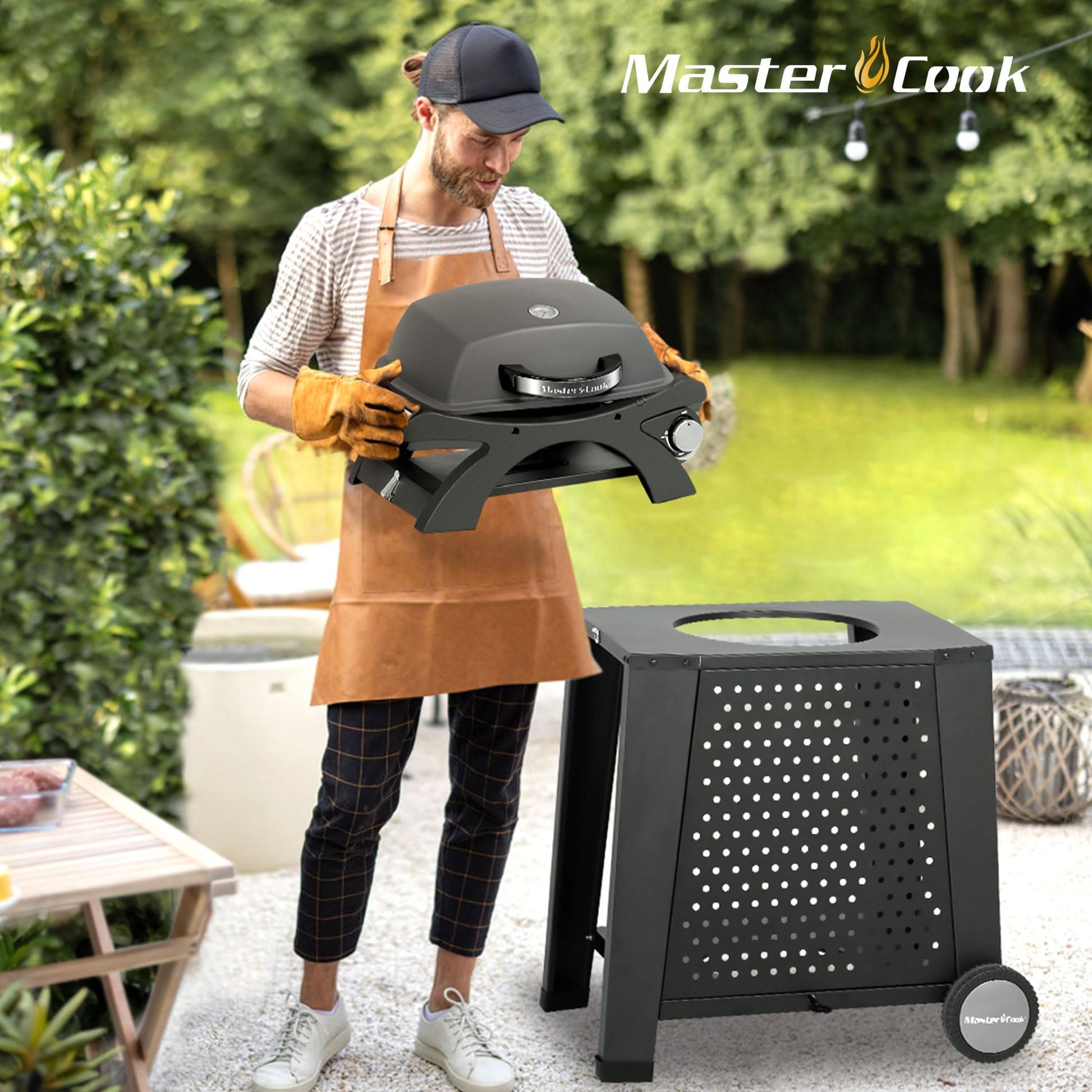 MASTER COOK Gas Grill, Portable Tabletop Propane BBQ Grill with Cart for Patio, Camping, Travel