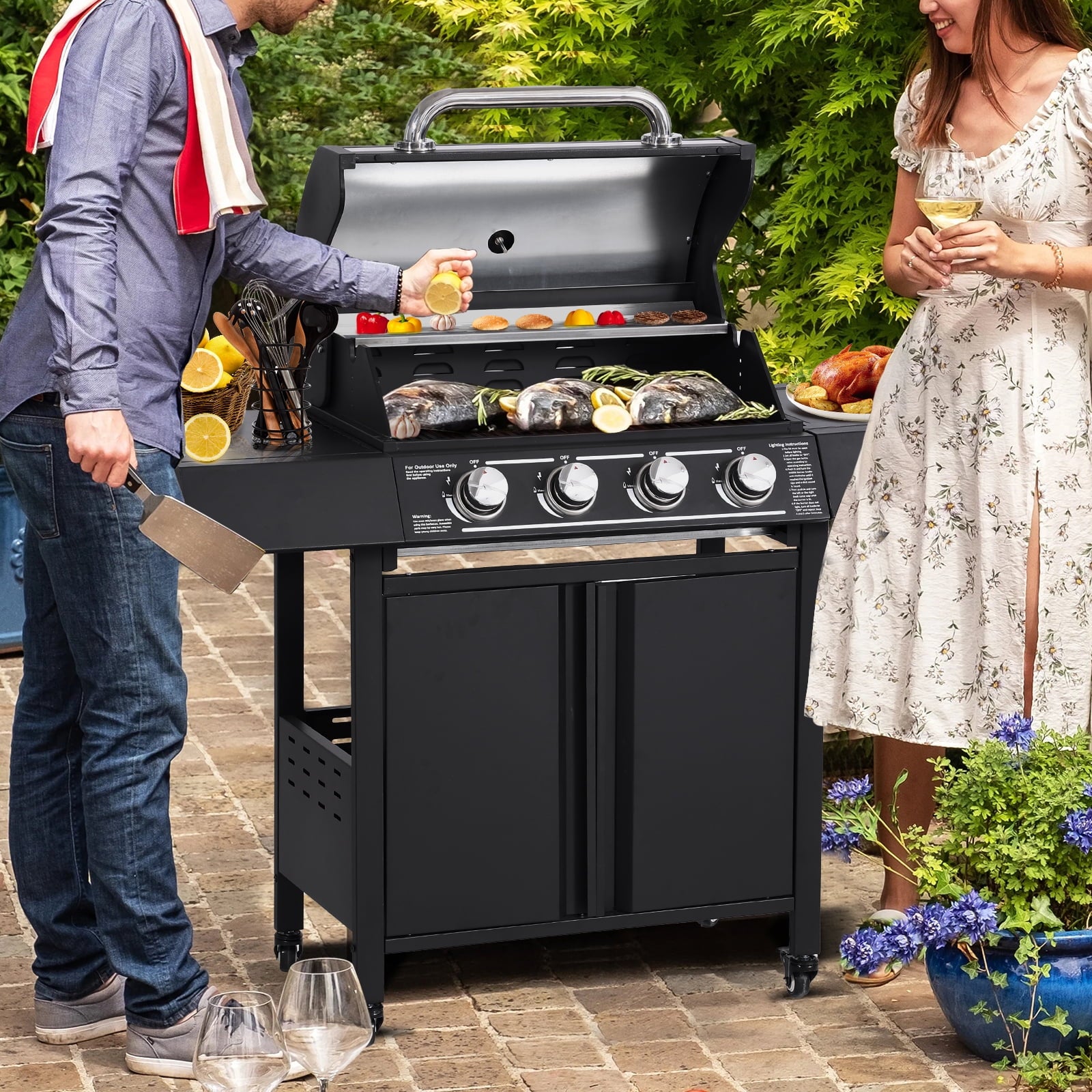 Haverchair 4-Burner Gas Grill Propane with Side Burner 50,000 BTU Outdoor BBQ Propane Gas Grill Cart Barbecue Grill for Patio Garden Picnic Backyard Cooking Camping,Black