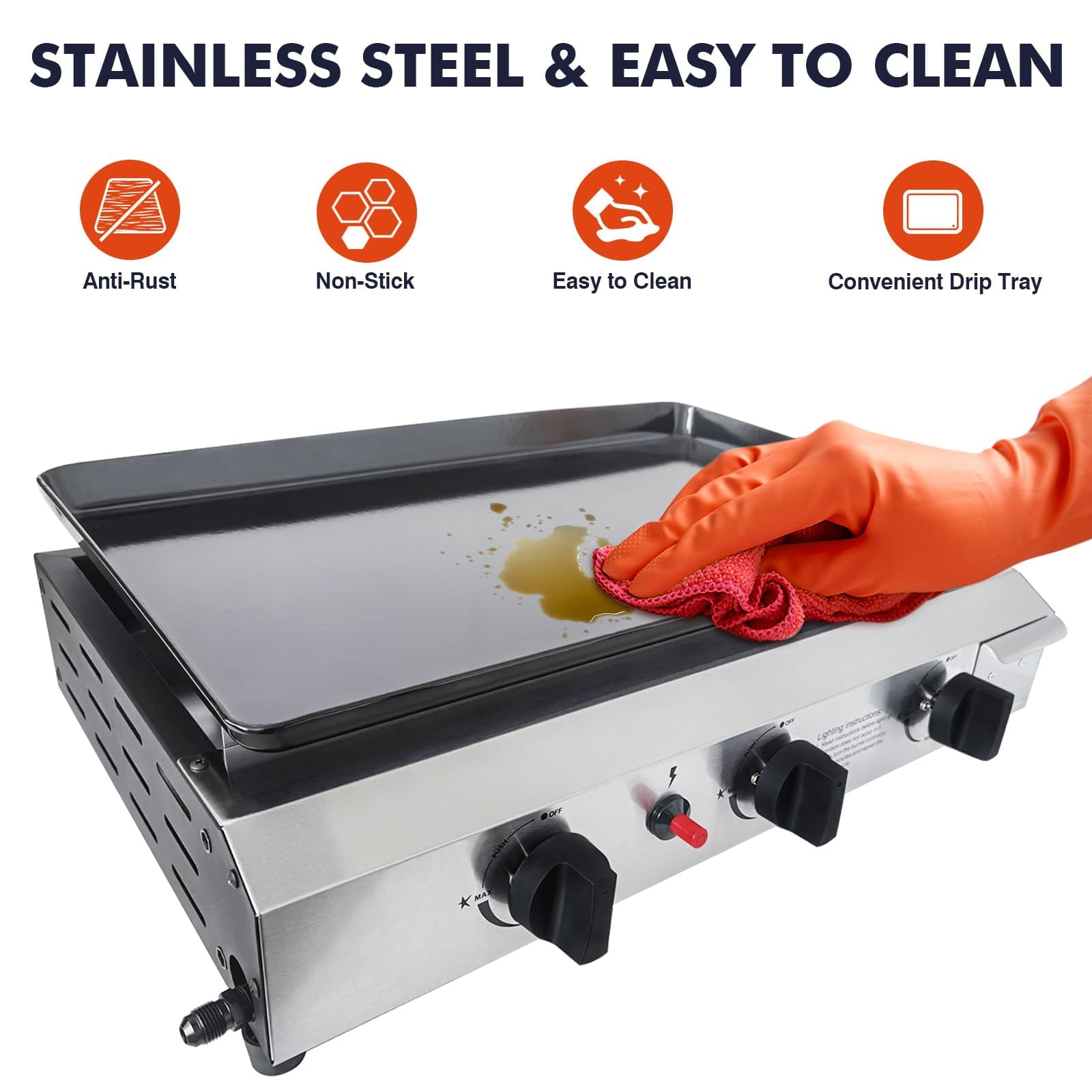 Frizi  30,000 BTU 3-Burner Flat Top Portable Propane Gas Grill with Auto Ignition, Stainless Steel Tabletop Griddle for Camping, BBQ, and Outdoor Cooking
