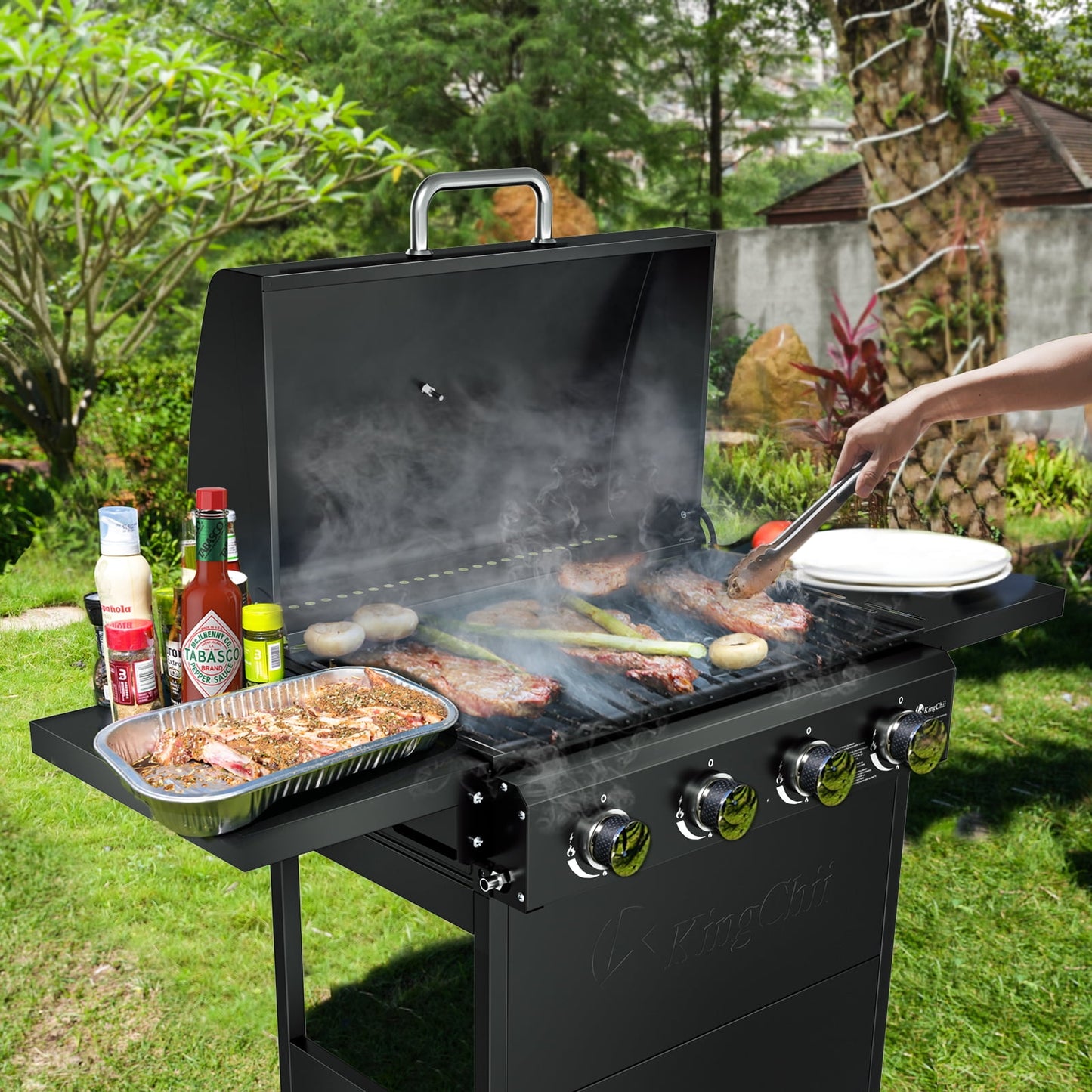 Kingchii 4-Burner Propane Grill, 38,000 BTUs Gas Grill with Foldable Side Tables, Built-in Thermometer for Outdoor Grilling, BBQs and Camping
