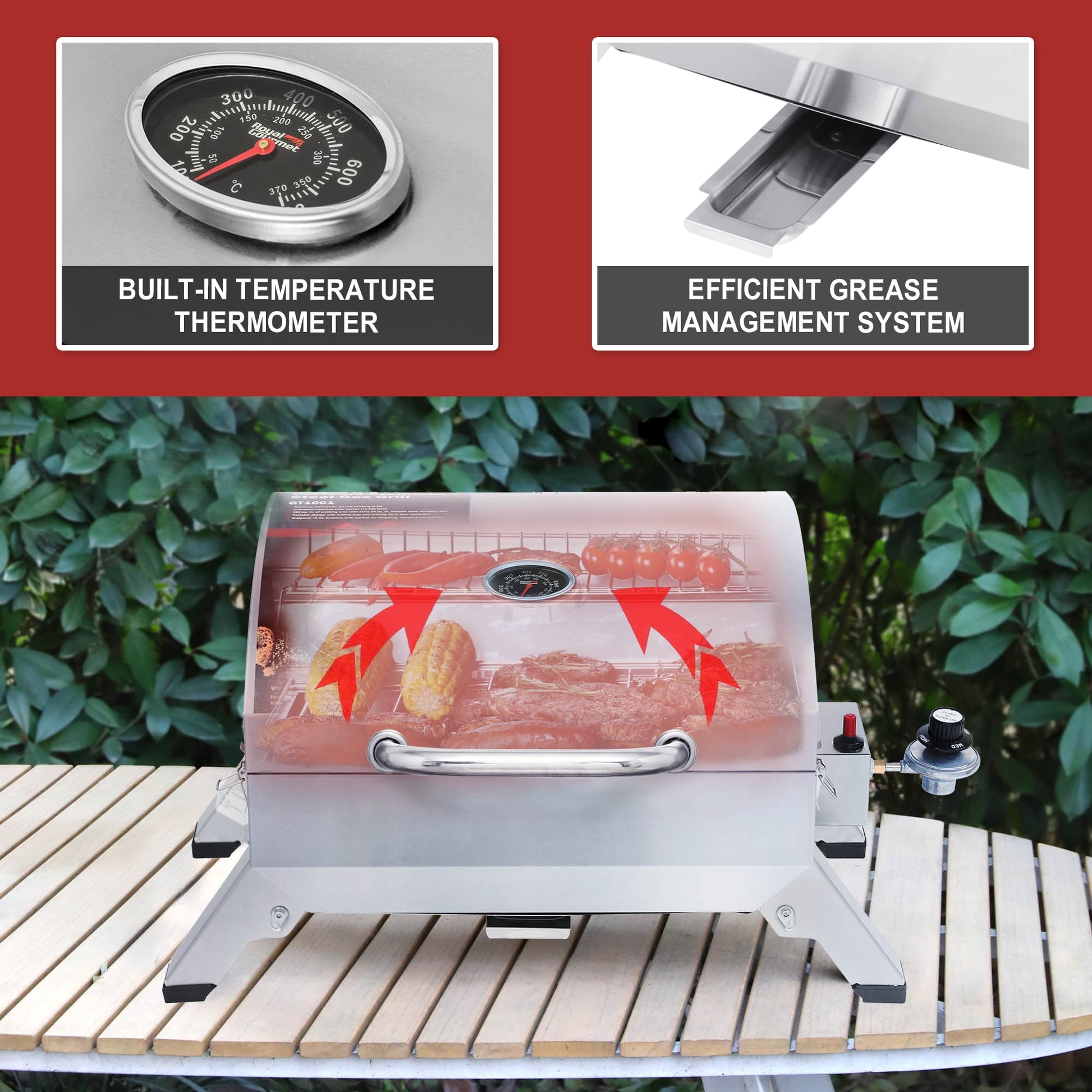 Royal Gourmet GT1001 Stainless Steel Portable Gas Grill, Tabletop Grill with Folding Legs and Lockable Lid, Outdoor Camping, Deck and Tailgating, Silver
