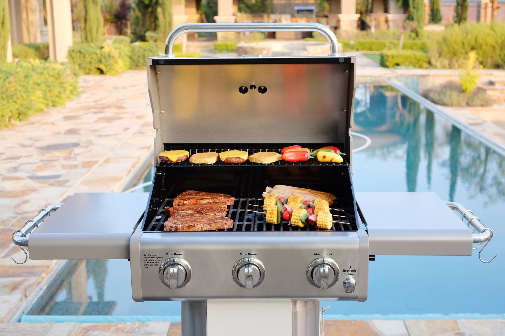 Kenmore 3-Burner Gas Grill, Outdoor BBQ Grill, Propane Grill with Foldable Side Tables, Pearl White