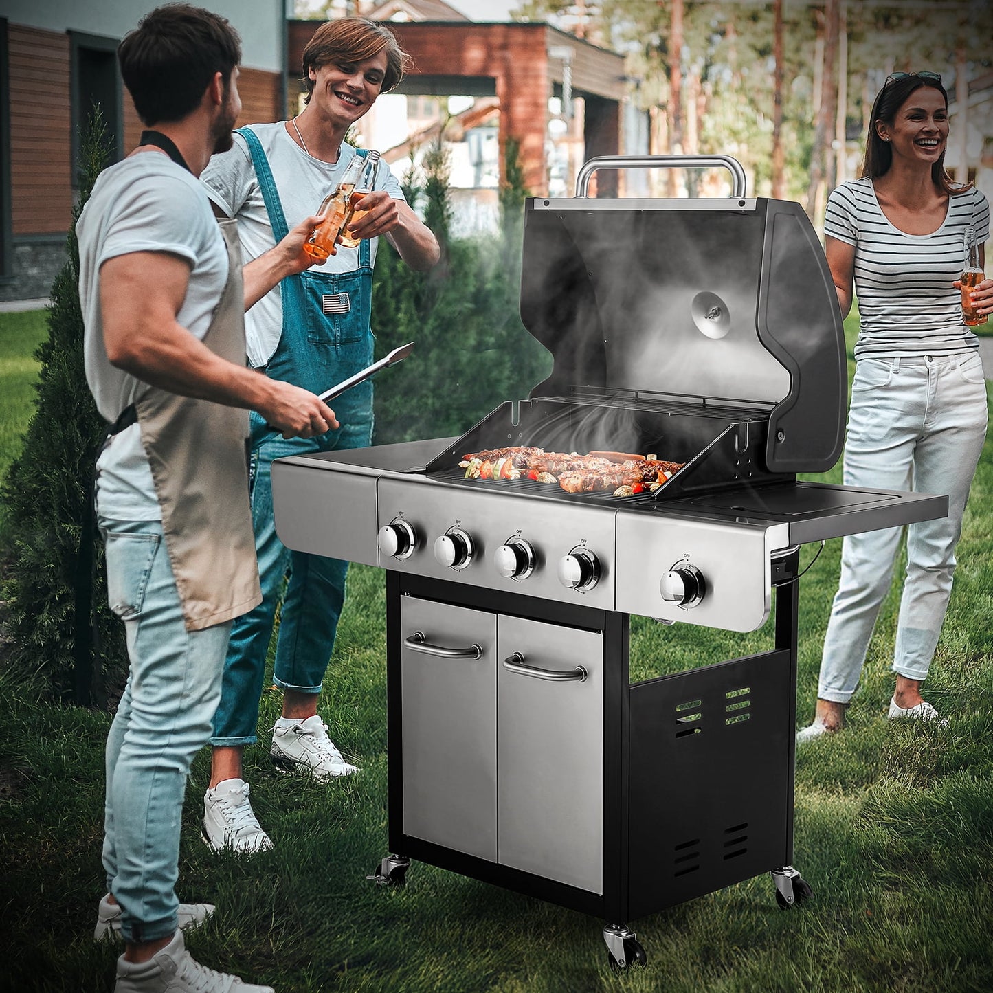 Arlopu 4-Burner Propane Gas Grill with Side Burner Stainless Steel Patio Garden Barbecue Grill for Camping, Outdoor Cooking, BBQ