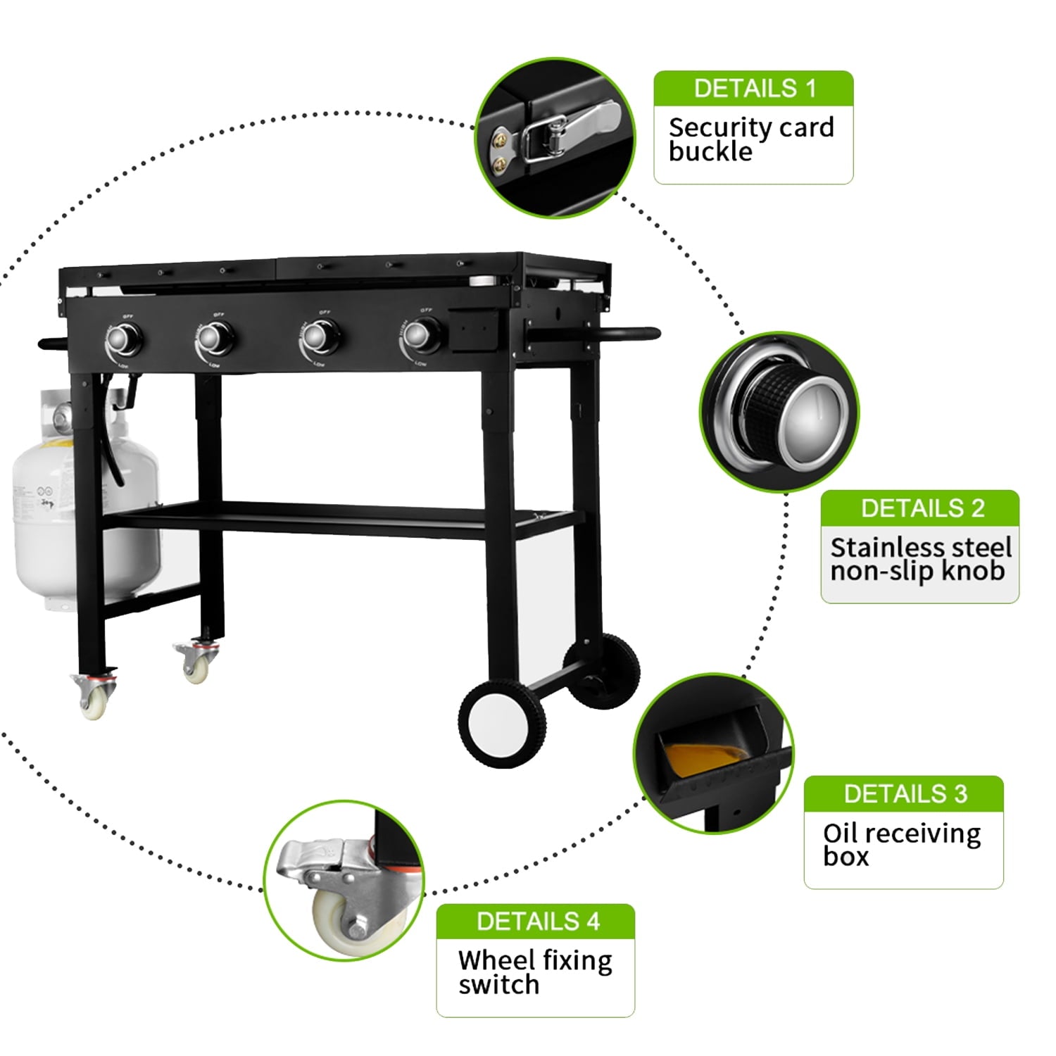 HONGGE 60000BTU 4 Burner Foldable Outdoor Propane Gas Grill, Black