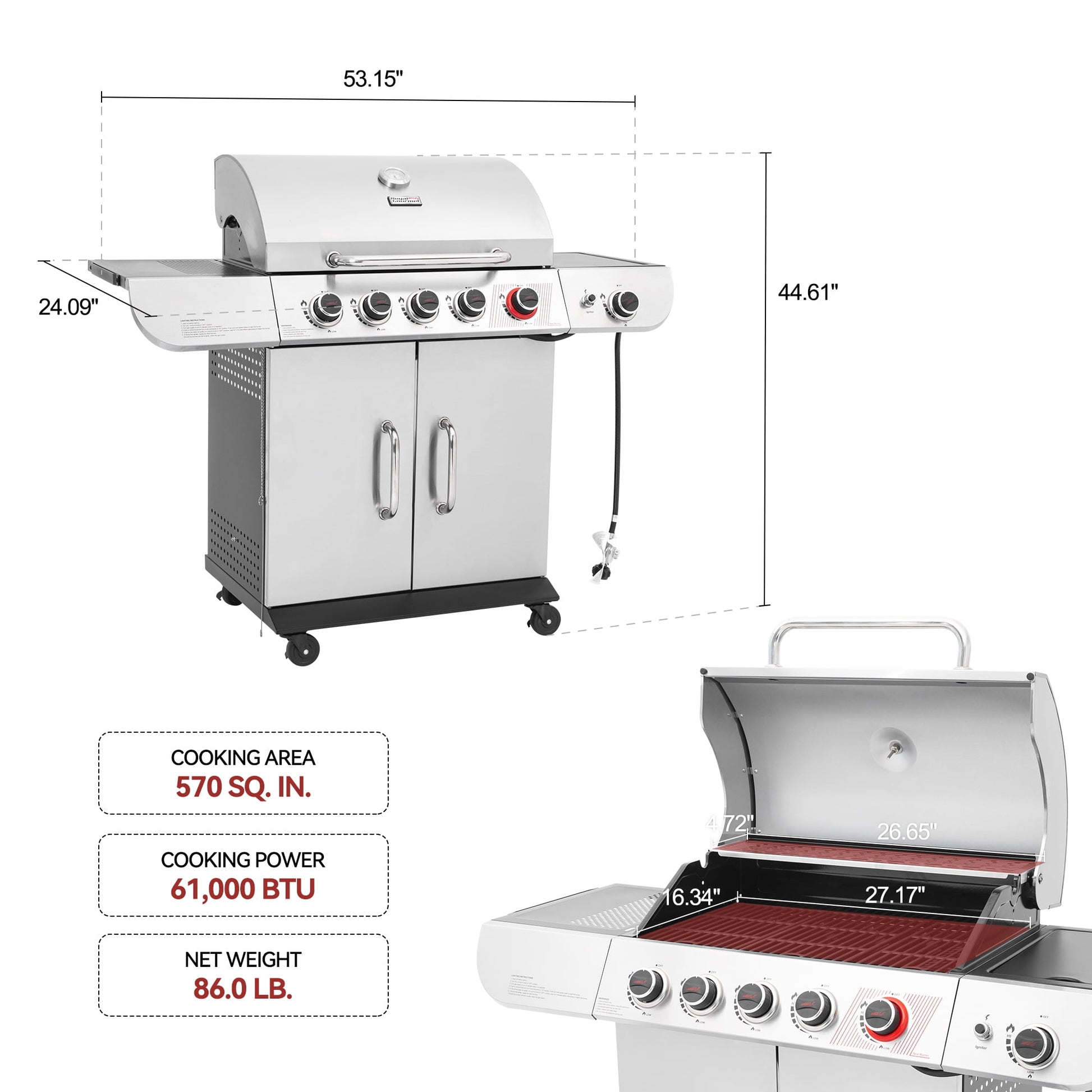 Royal Gourmet SG5002 5-Burner Gas Grill with Sear Burner and Side Burner, Stainless Steel Cabinet Style Gas Grill