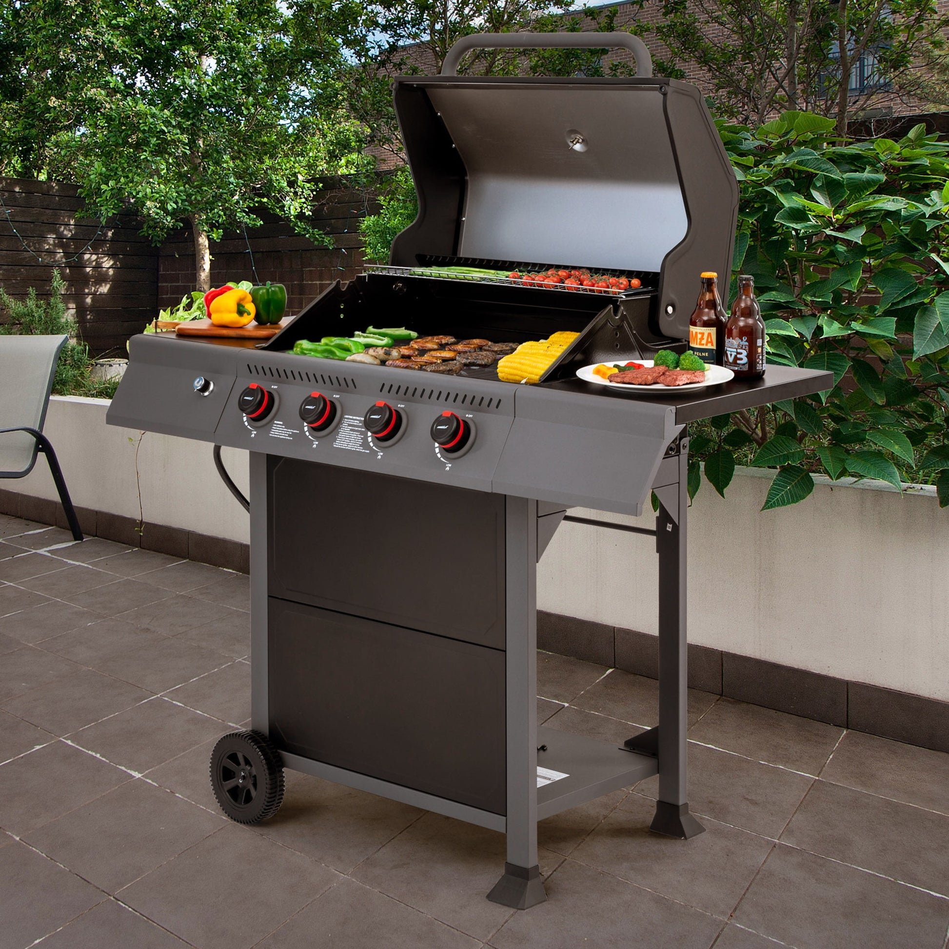 Royal Gourmet GA4401T 4-Burner BBQ Gas Grill with Side Shelves, 40,000 BTU Output, Perfect Patio Garden Picnic Backyard Barbecue Grill for Outcooking