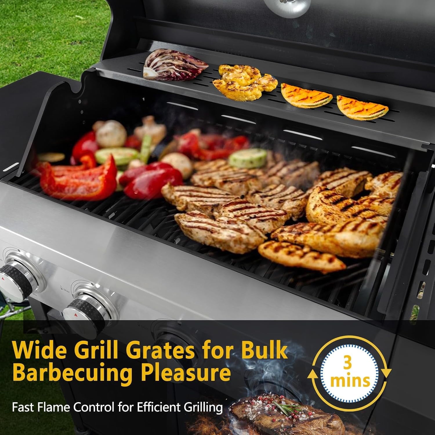 HighSound 4-Burner Propane Gas Grill with Side Burner, 46700 BTU Porcelain-Enameled Cast Iron Grates Outdoor Cooking Stainless Steel BBQ Grills Cabinet, Black