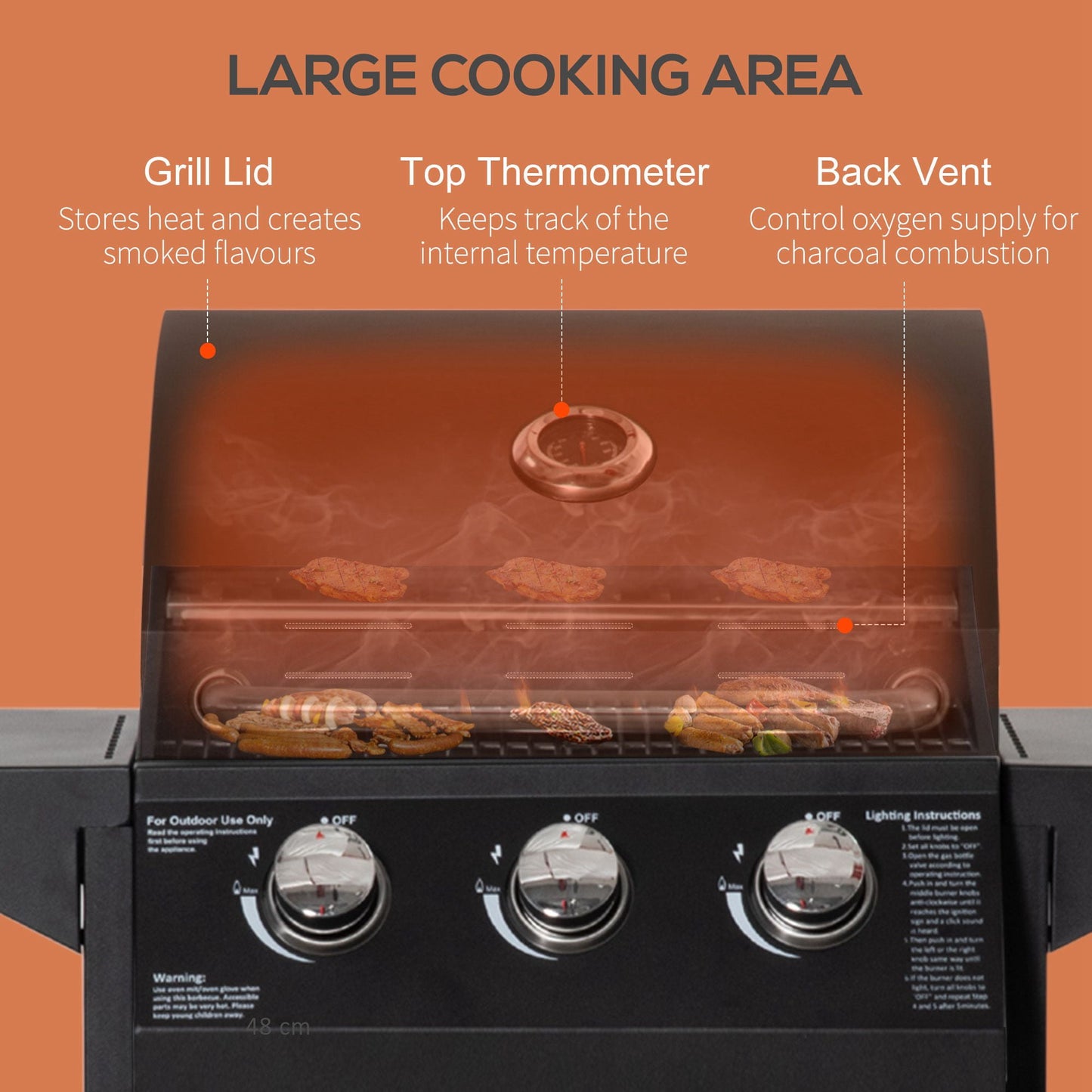 Outsunny 3 Burner Portable Gas Grill w/ Wheels, Outdoor Steel Propane Barbecue w/ Warming Rack, Shelves, Storage Cabinet, Thermometer, Black