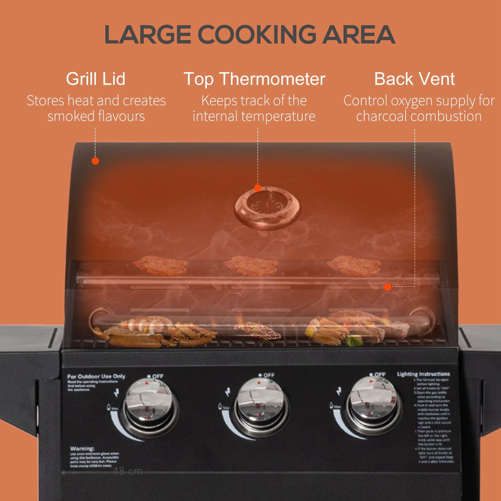 Outsunny 3 Burner Portable Gas Grill w/ Wheels, Outdoor Steel Propane Barbecue w/ Warming Rack, Shelves, Storage Cabinet, Thermometer, Black