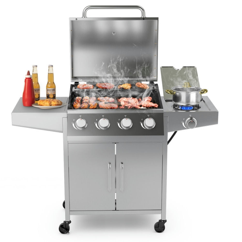 Kepooman Outdoor Grill, Outdoor BBQ Grill,50000BTU 5-Burner Propane Gas Grill with Side Burner and 2 Prep Tables-Silver