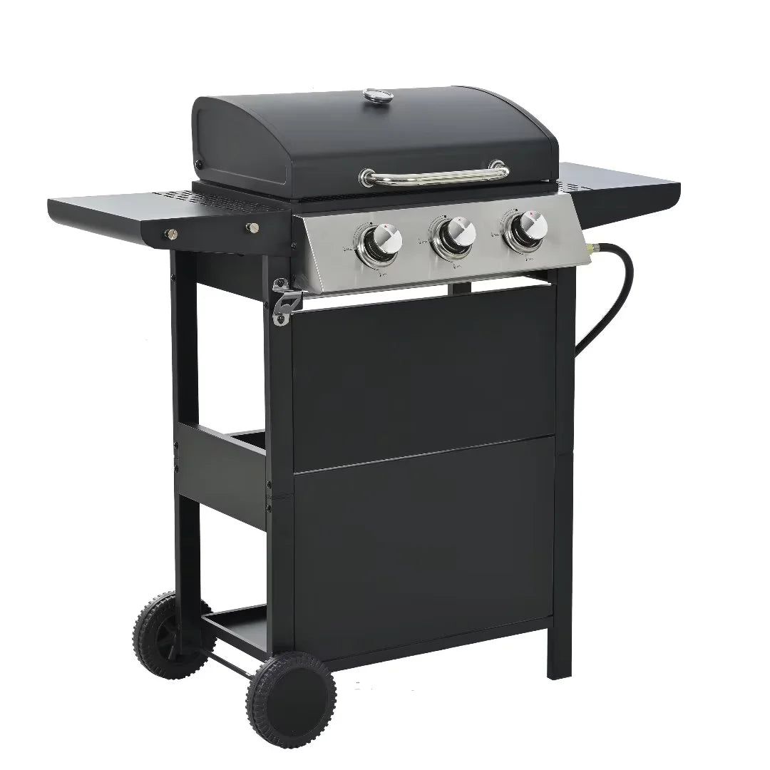 Leuco 3 Burner BBQ Propane Gas Grill, Stainless Steel 25,650 BTU Patio Garden Barbecue Grill with Two Shelves, Lid, Wheels and Bottle Opener